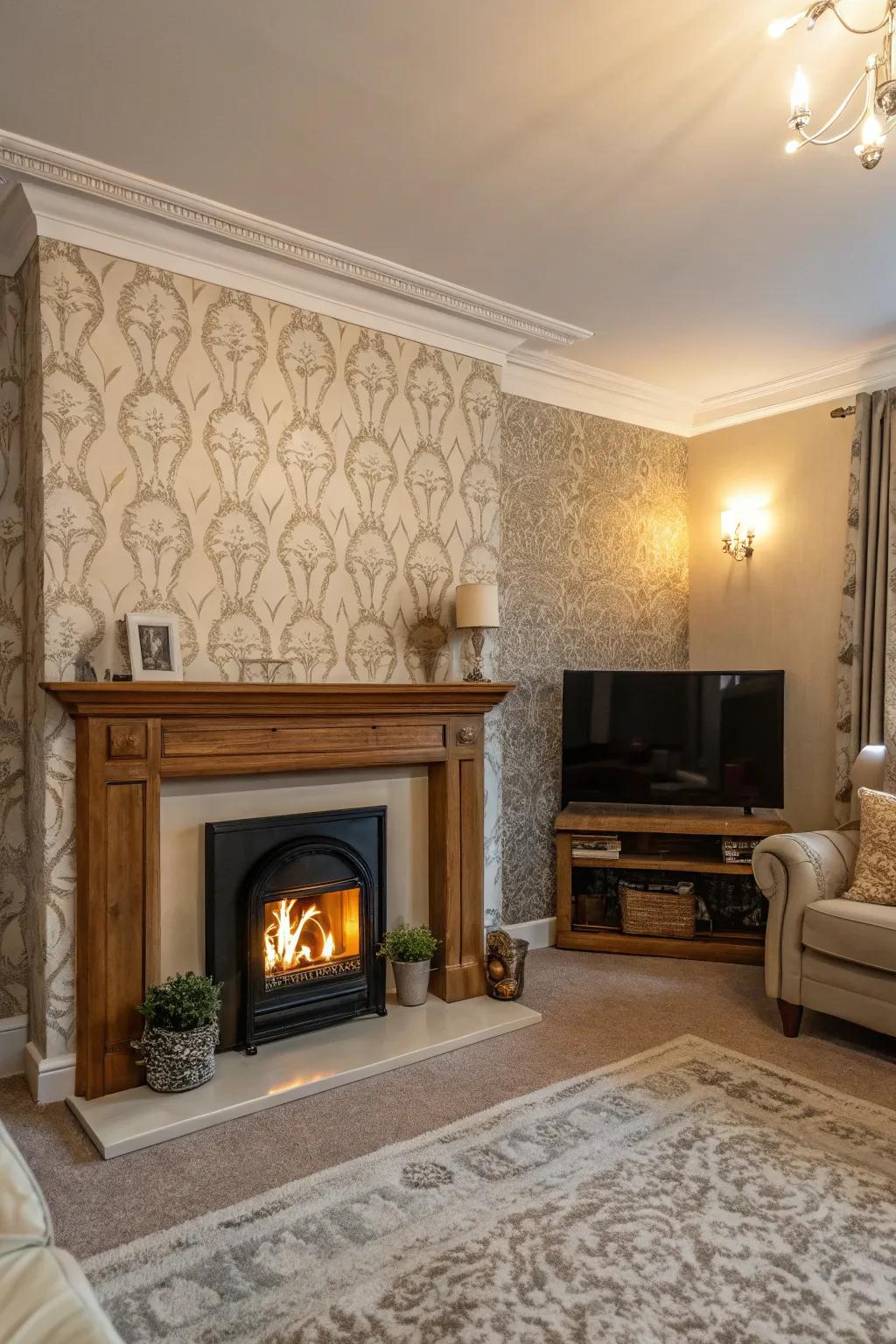 Transform your hearth into the space's point of interest using textured wallpaper.
