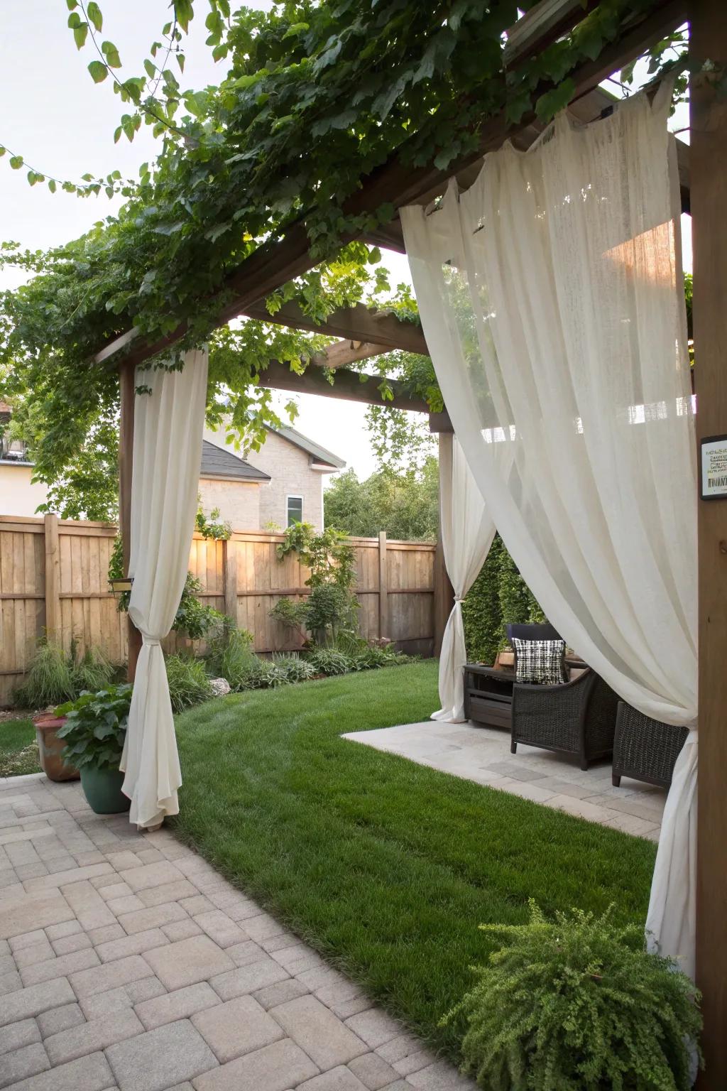 Flowing drapes add privacy and style to this backyard structure.