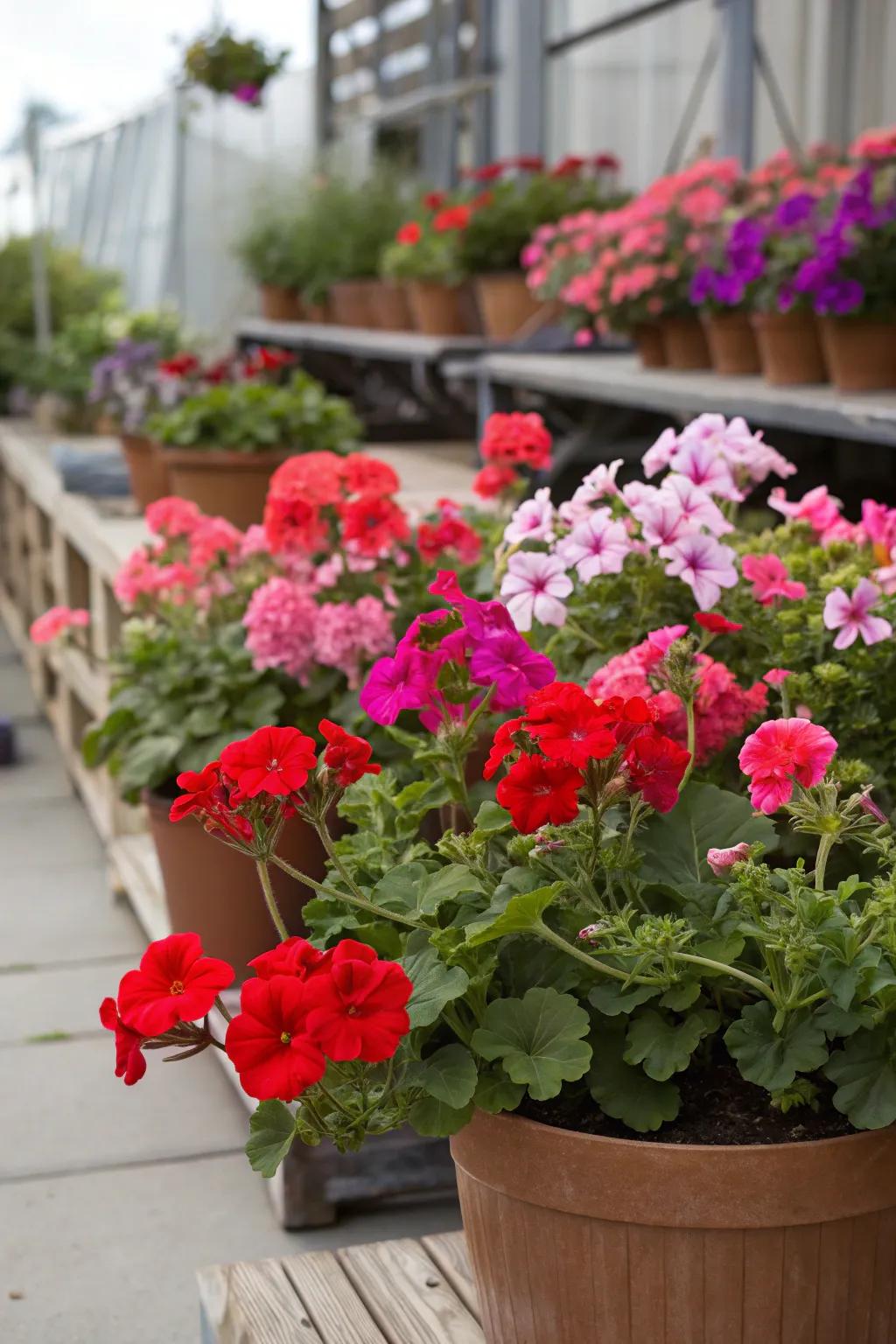 Geraniums and petunias establish a vibrant partnership in any container setting.