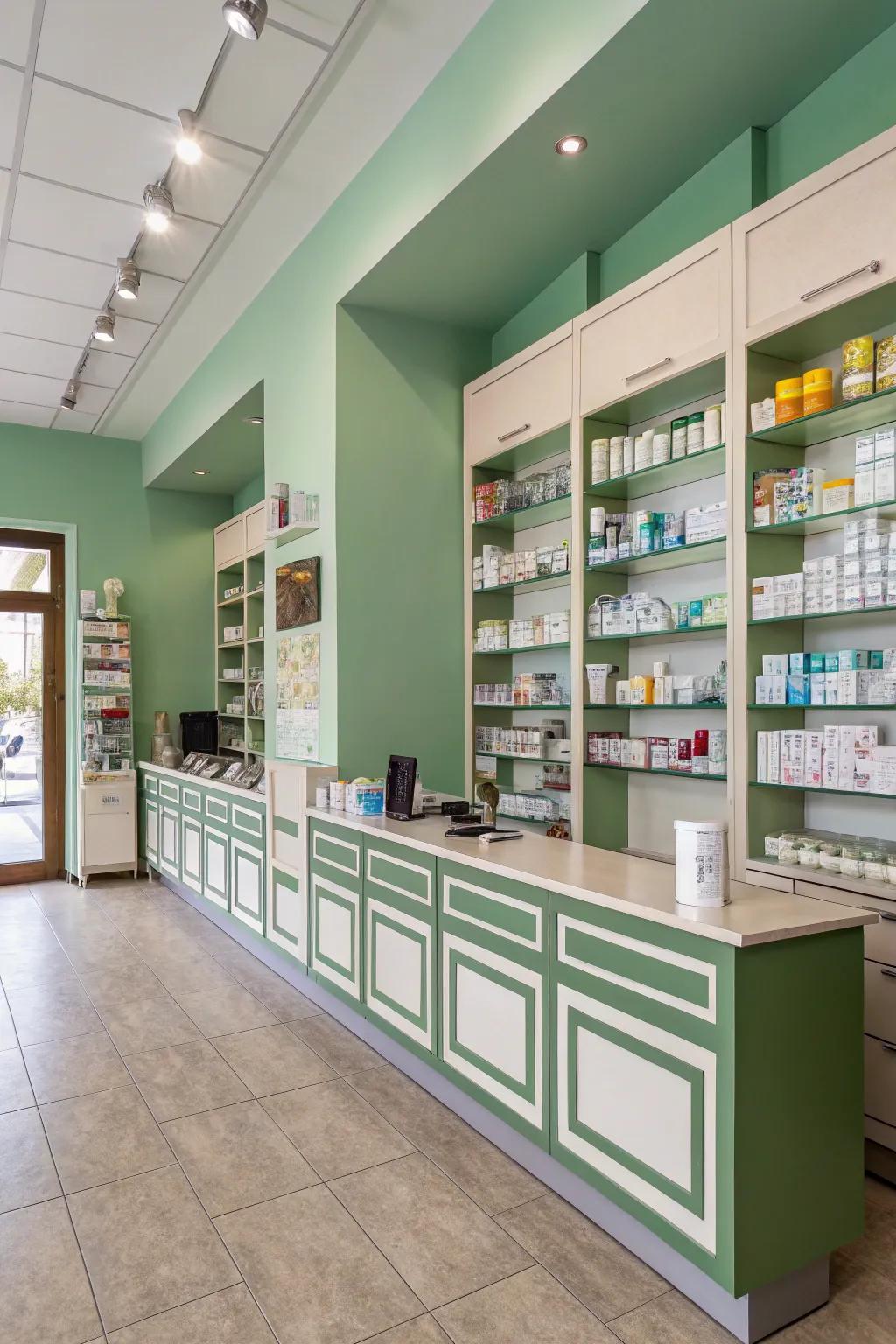 A relaxed pharmacy decorated with a soothing color palette