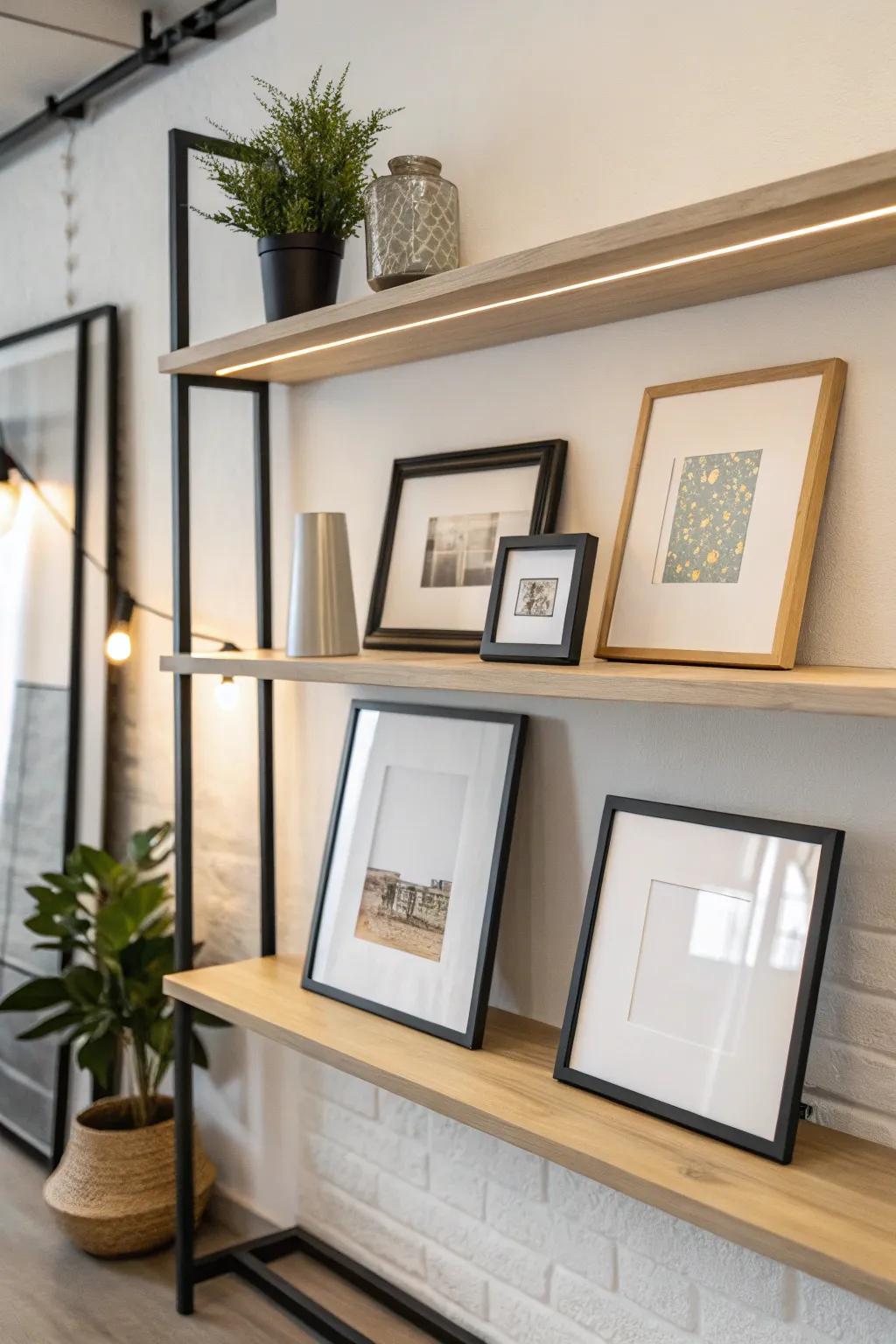 A minimalist display ledge features a curated selection of frames for a modern ambiance.