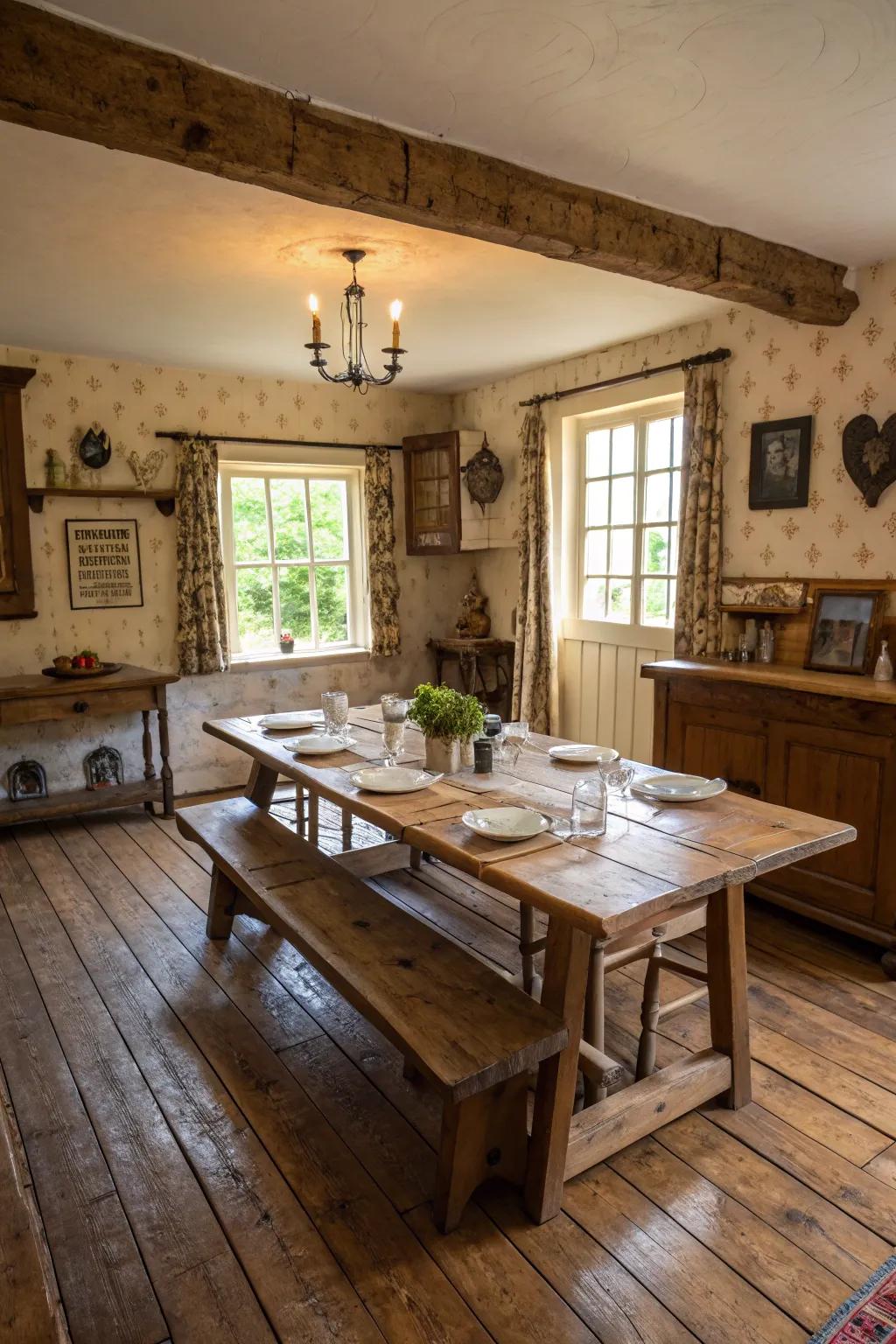 Rustic wood floors bring a touch of tradition to dining areas.