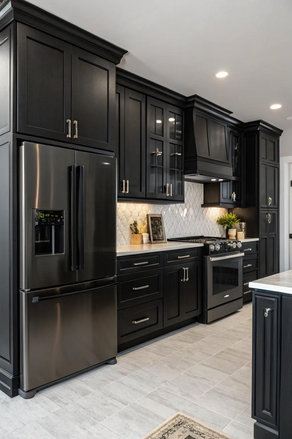 A completely dark cooking space for a refined and contemporary aesthetic.
