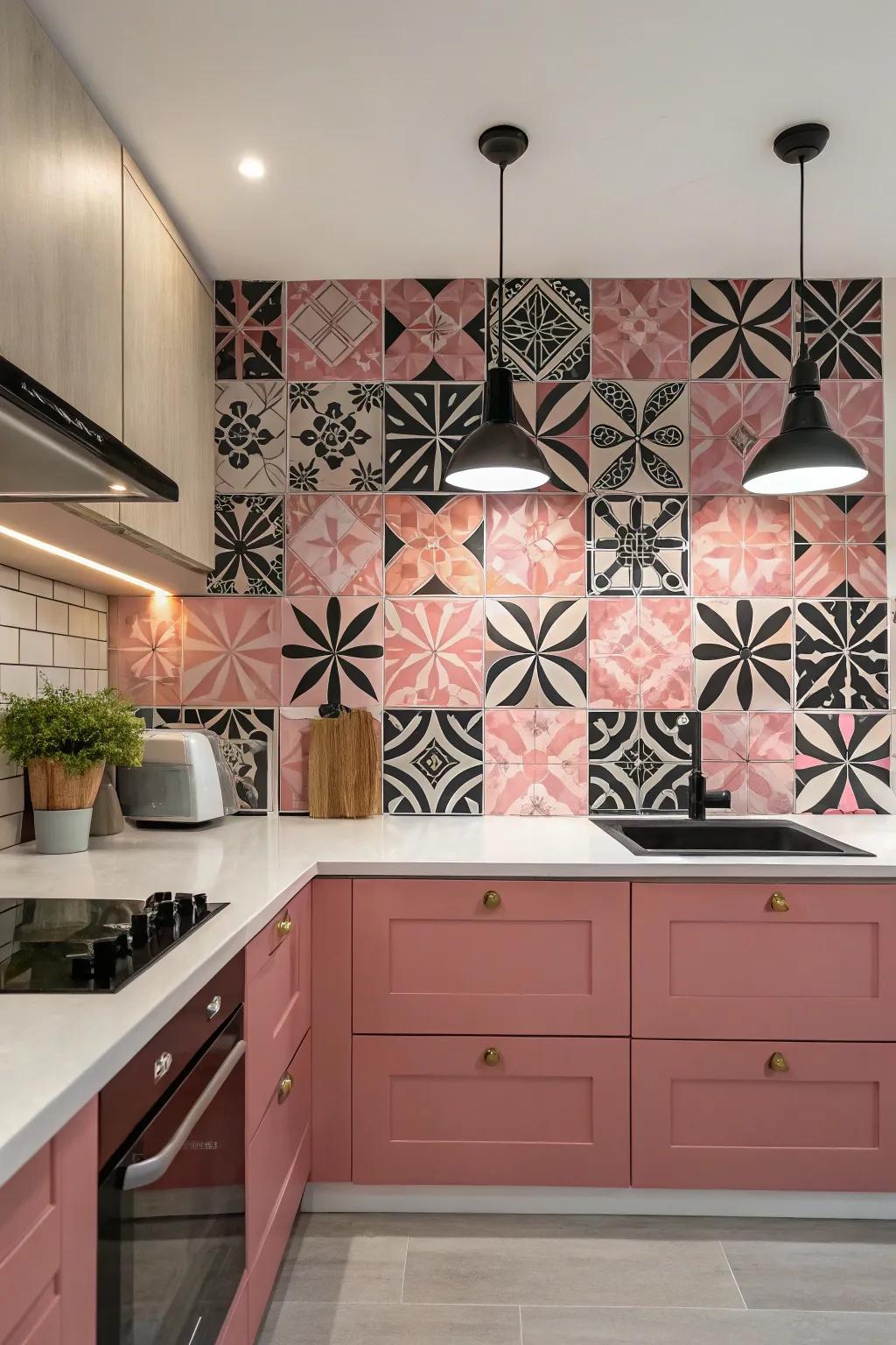 A geometric splatter protection adds a creative flair to your cooking area walls.