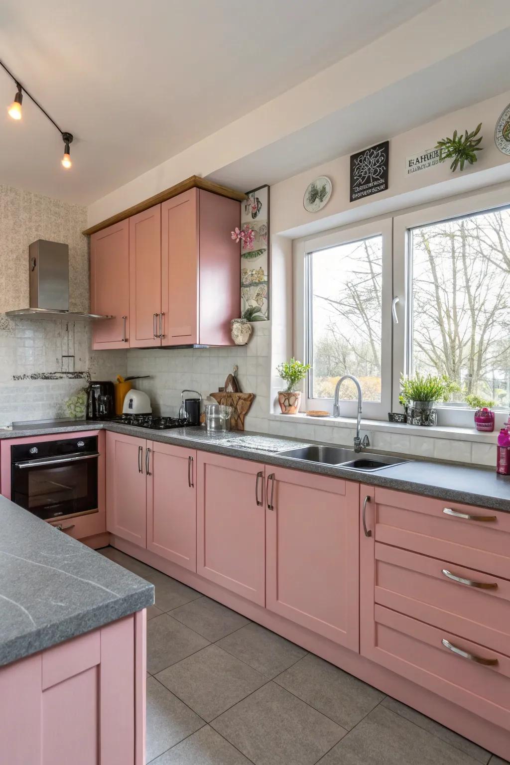 Striking rose cupboards featuring sleek grey surfaces.