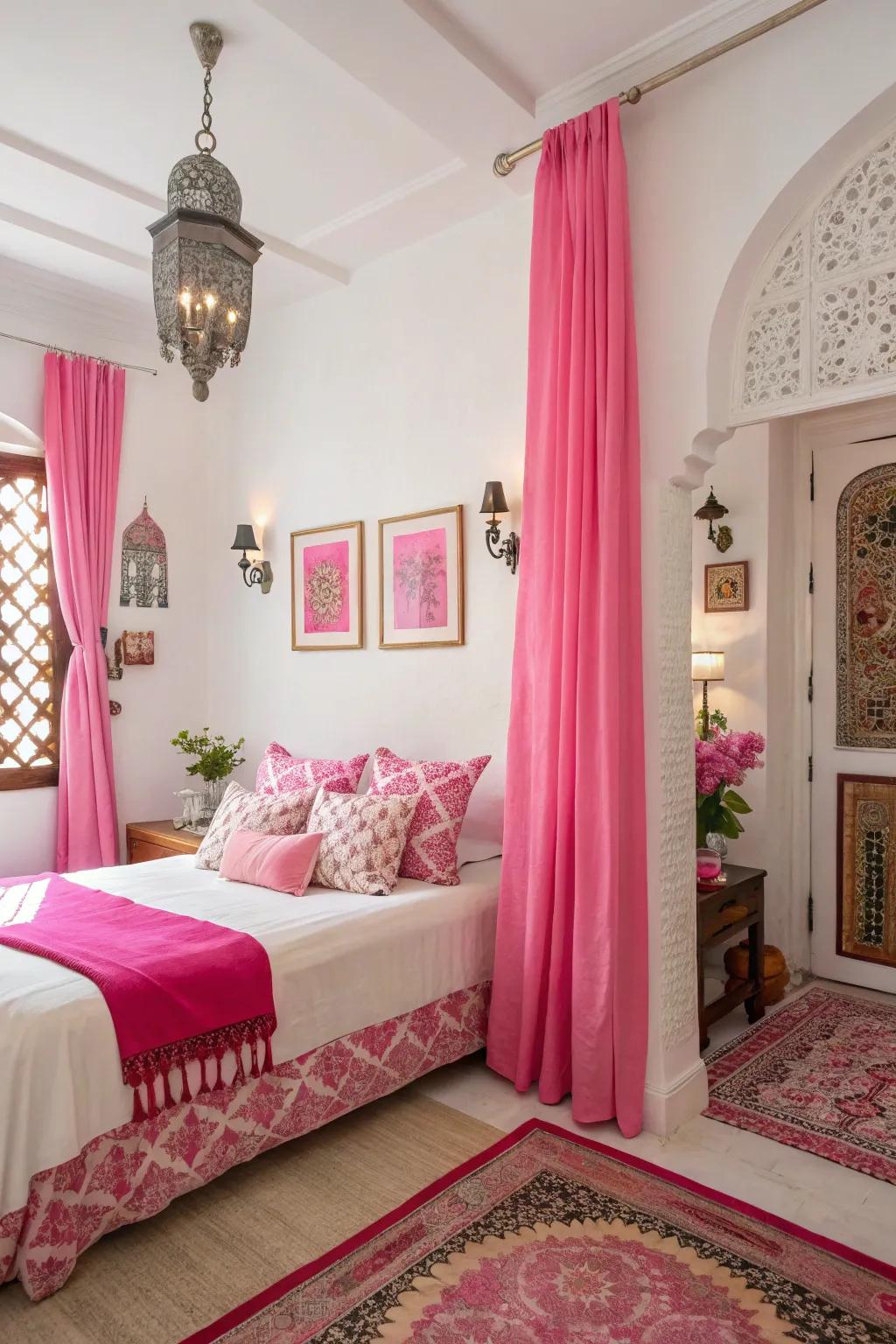 Vibrant rose features against ivory create a vibrant and inviting room.