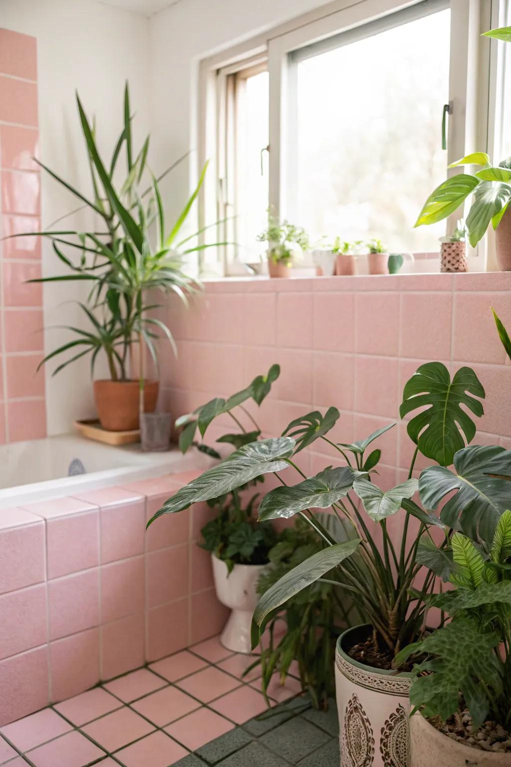 Rose and verdant evoke a harmonious washroom setting.