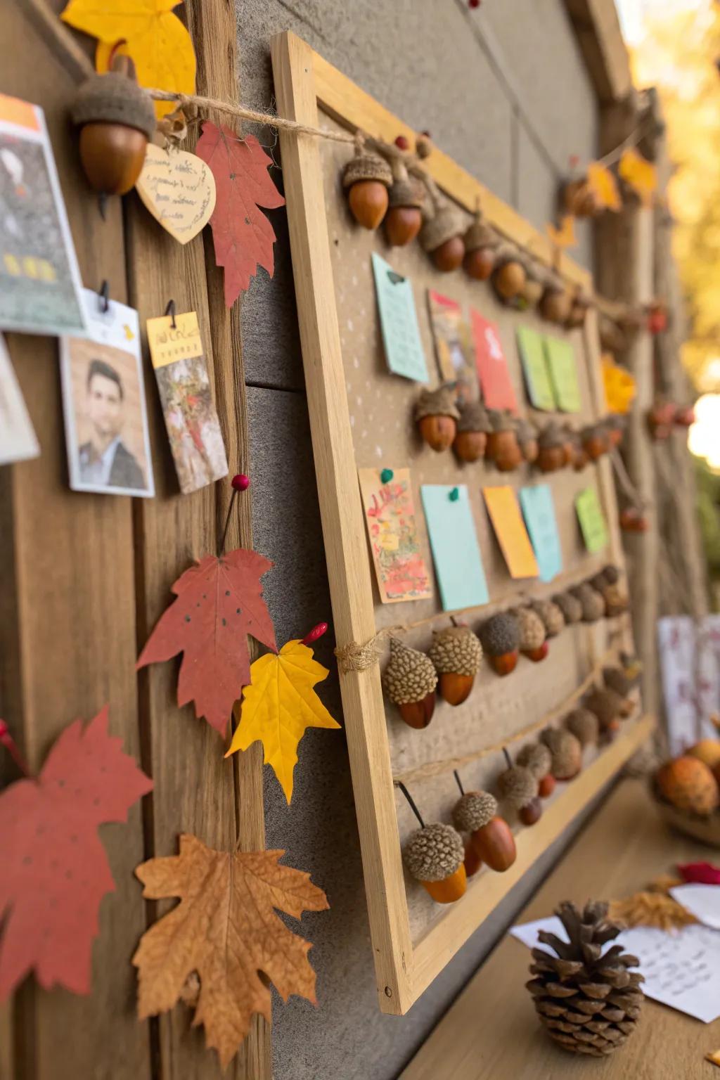 A nature-inspired display board showcasing acorns and nuts, imparting a touch of fall.