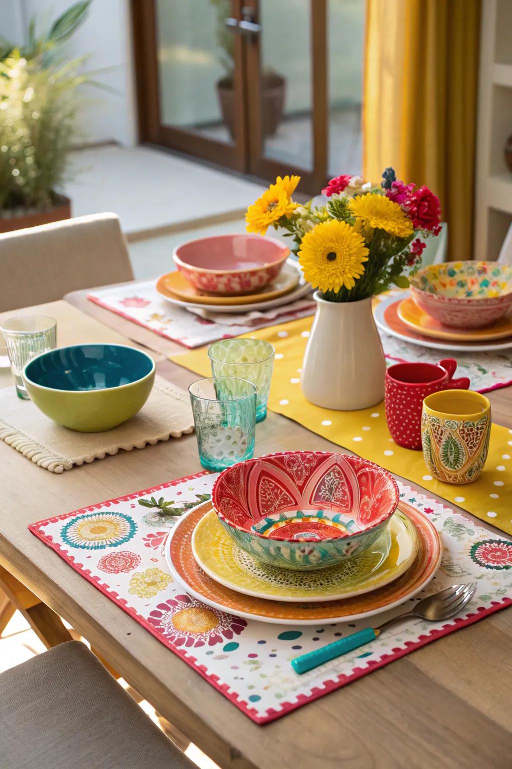 Bring a lively and cheerful vibe to your dining experience with bright, colorful patterns.