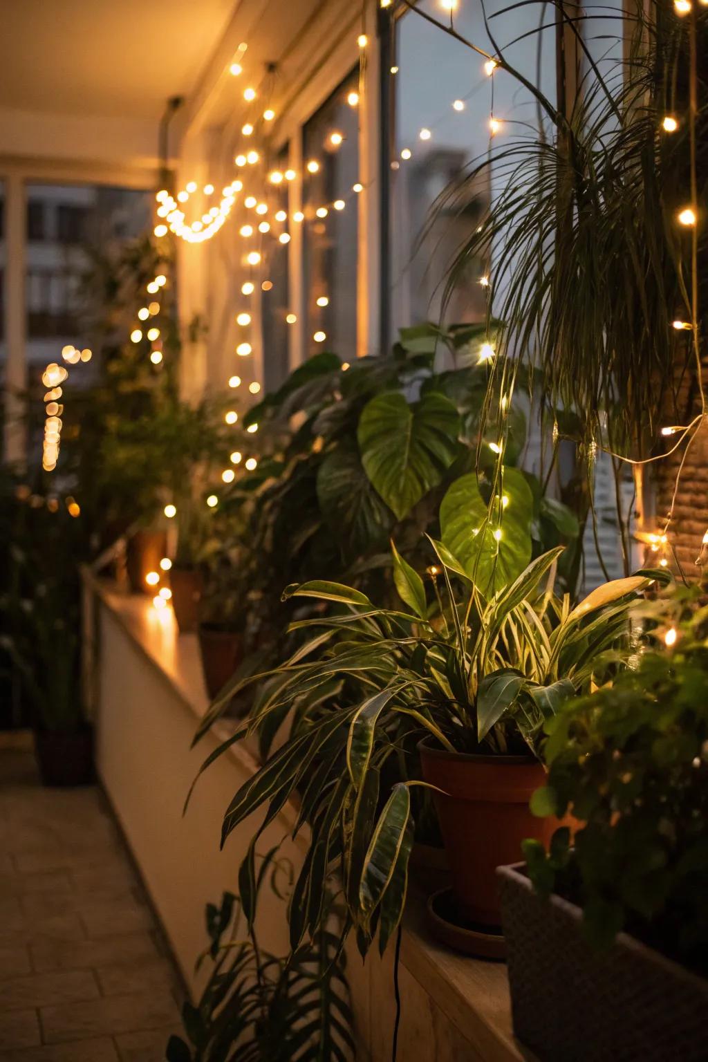 Fairy lights create a magical plant corner.