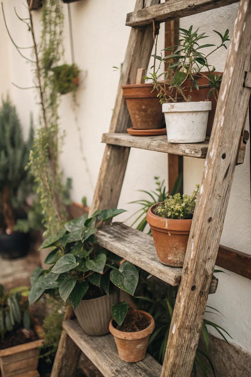 Earthy charm with a tiered plant rack.