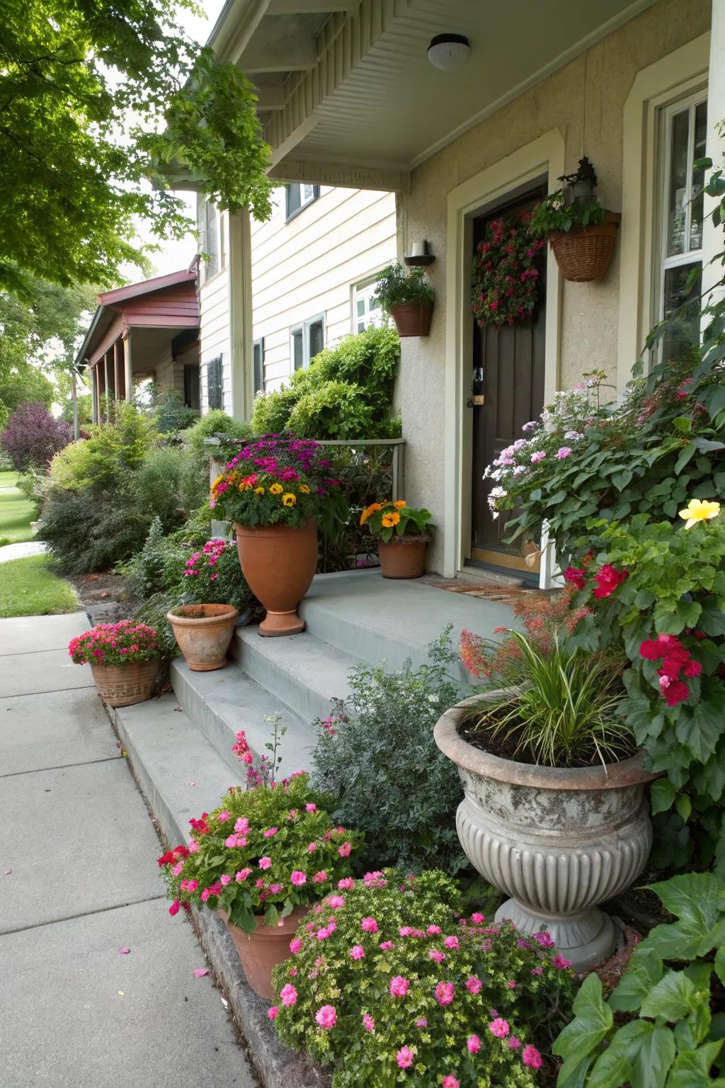 Planters and pots enhance entrance charm and style.