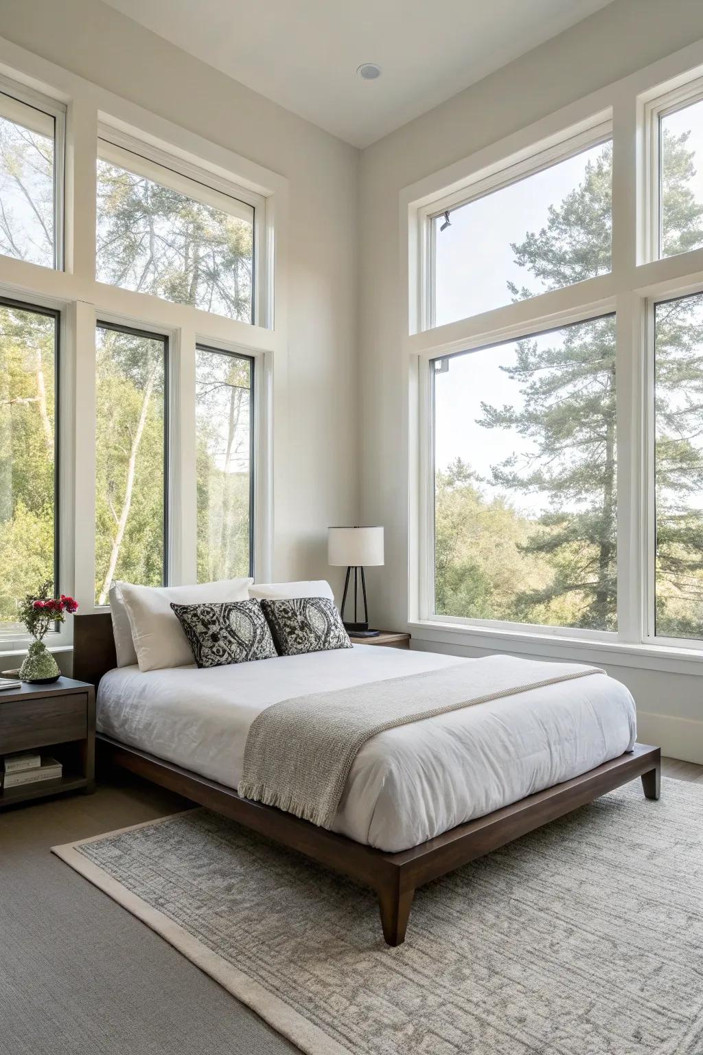 Low-profile beds enhance the room's spacious feel.