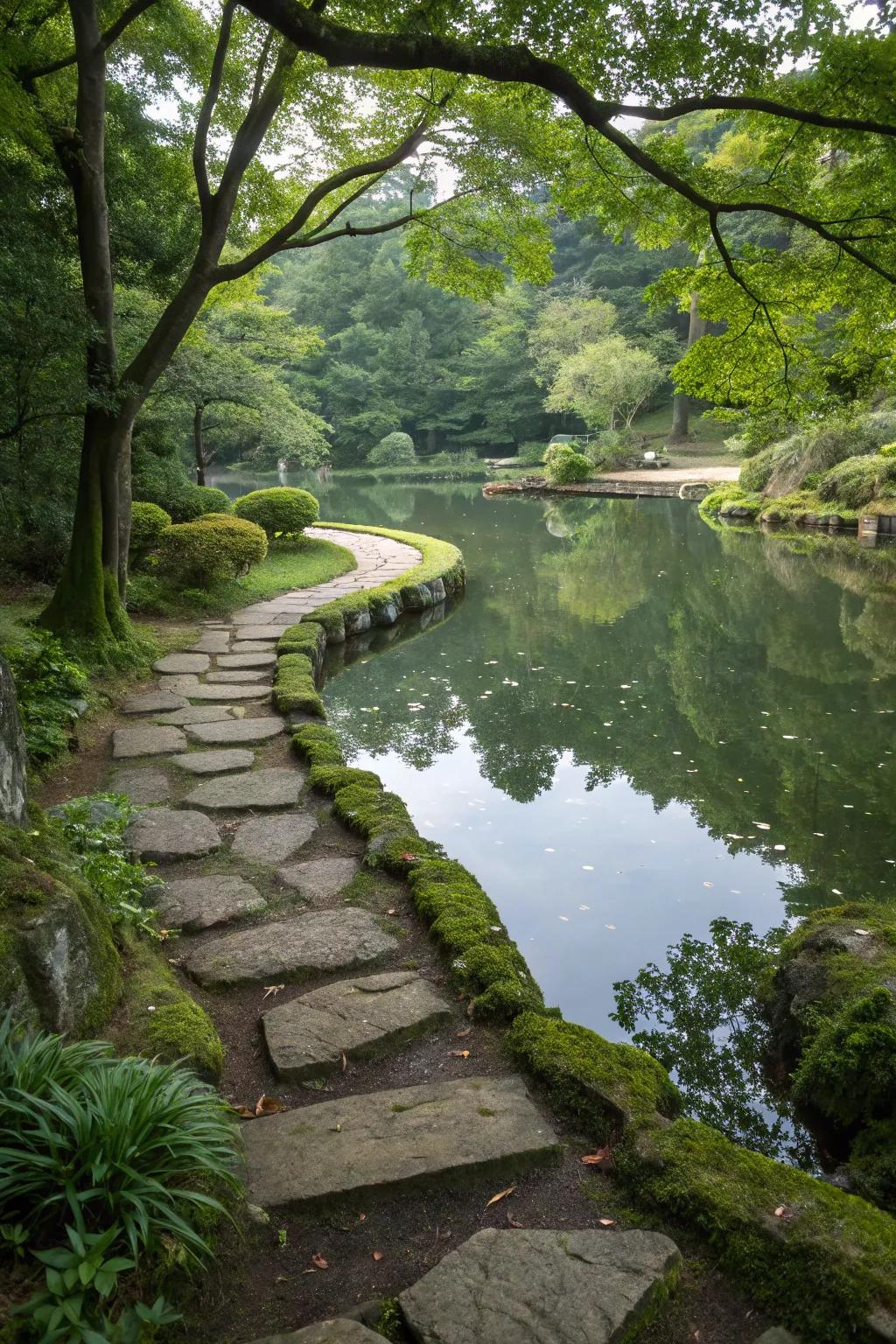 Stone-laid paths encourage exploration surrounding this tranquil pond.