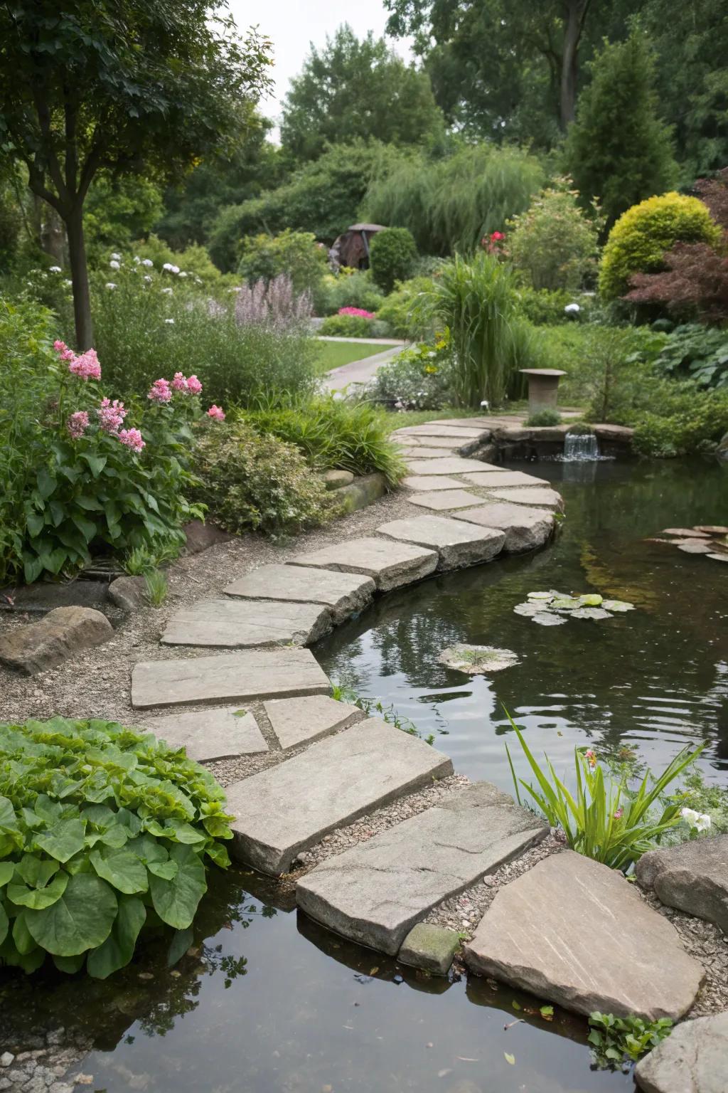 Stone-laid pathways meandering towards an alluring backyard pond.