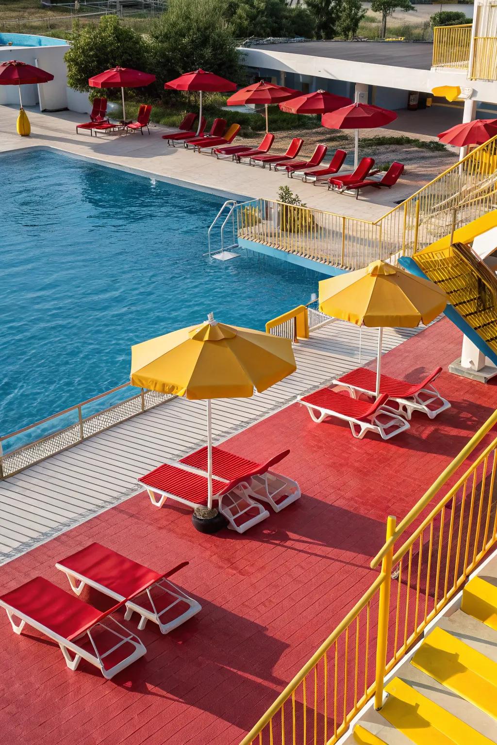 For a lively, dynamic poolside, use bold colors.