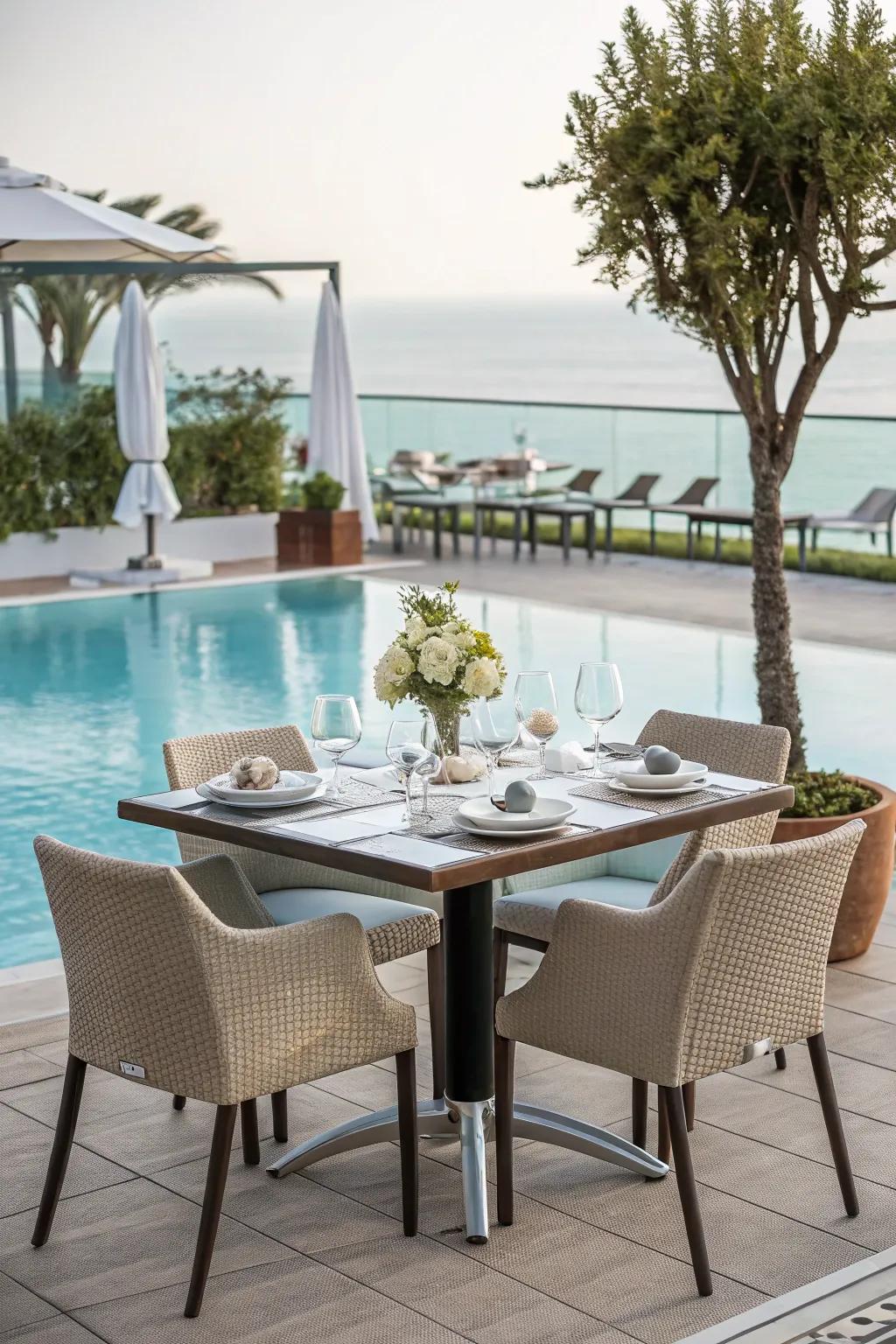 Enjoy outdoor dining with an attractive poolside dining arrangement.