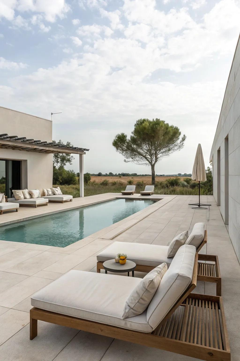 Attain sophisticated simplicity with a minimalist pool deck design.