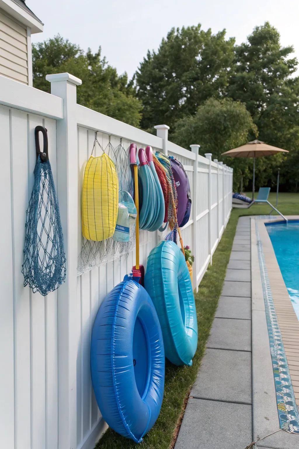 Fence showcasing brackets and netting for facile pool float safekeeping.