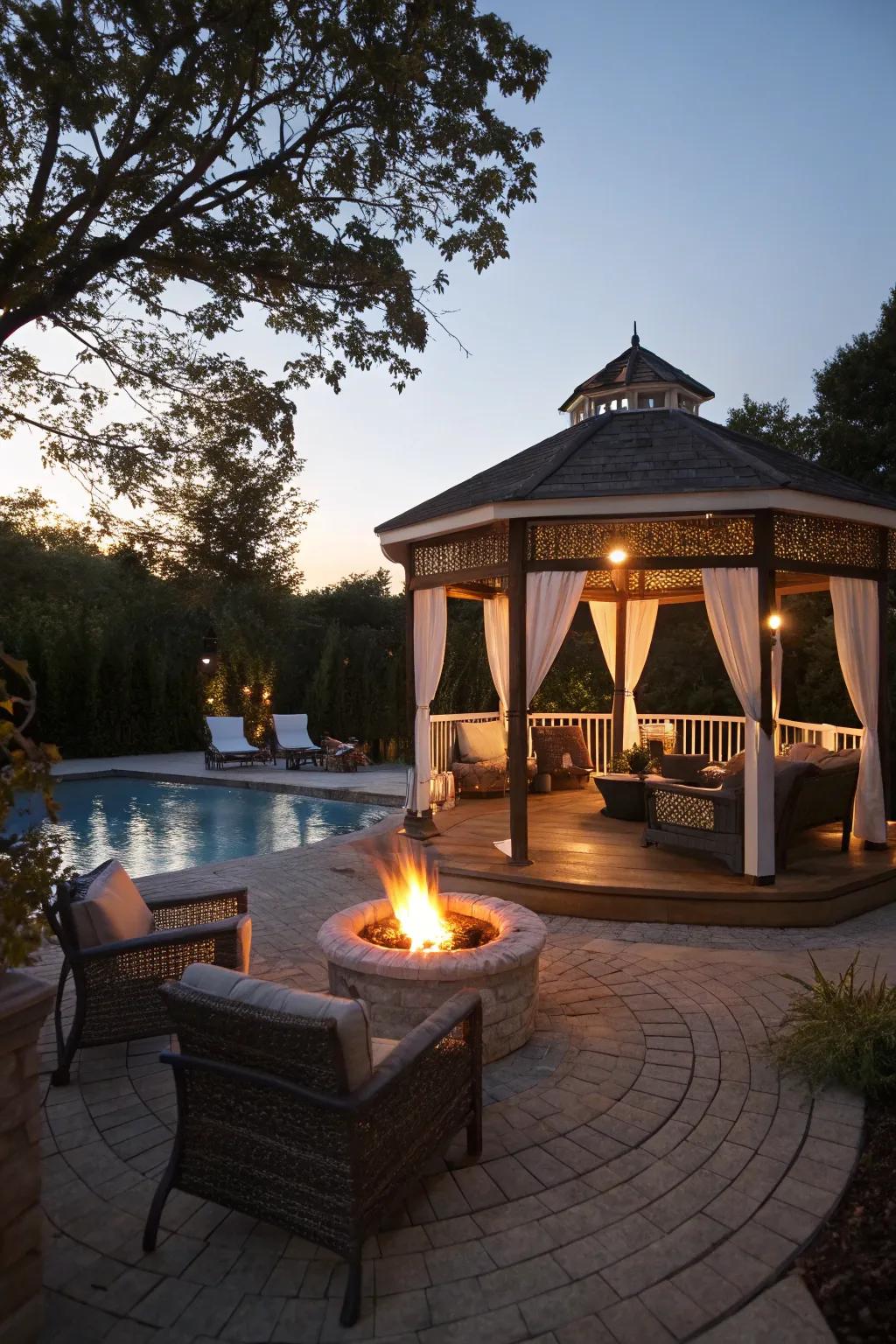 A fire pit improves the pavilion's heat and nighttime appeal.