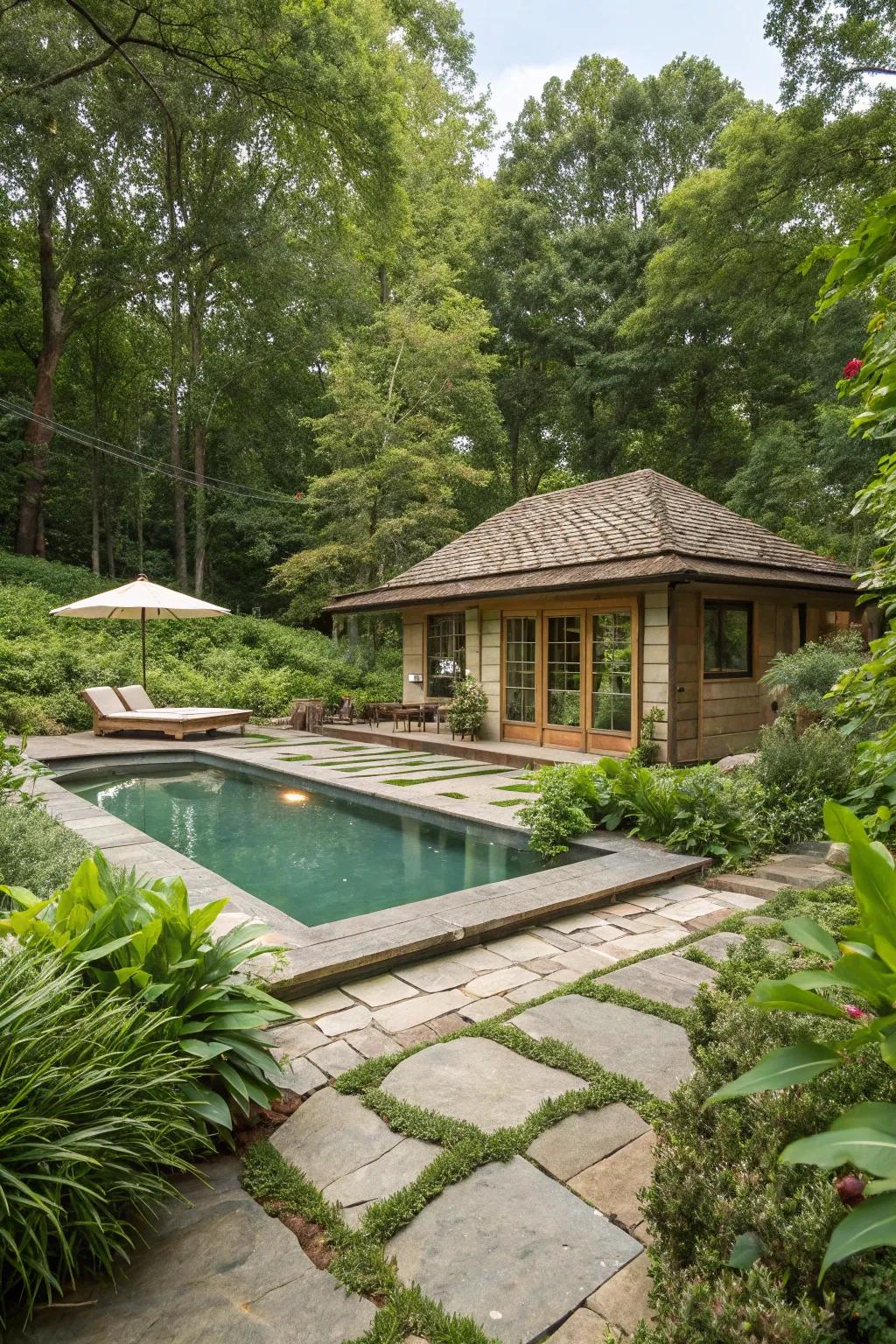 A pool house harmoniously merged with vibrant natural elements.
