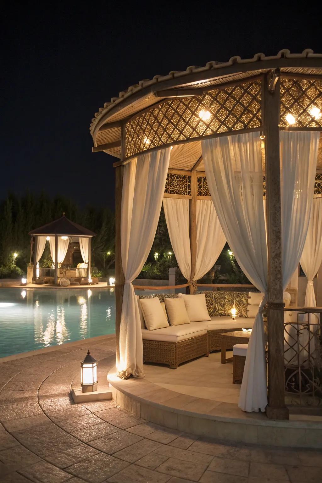 A gazebo fashions a secluded retreat for relaxation and amusement.