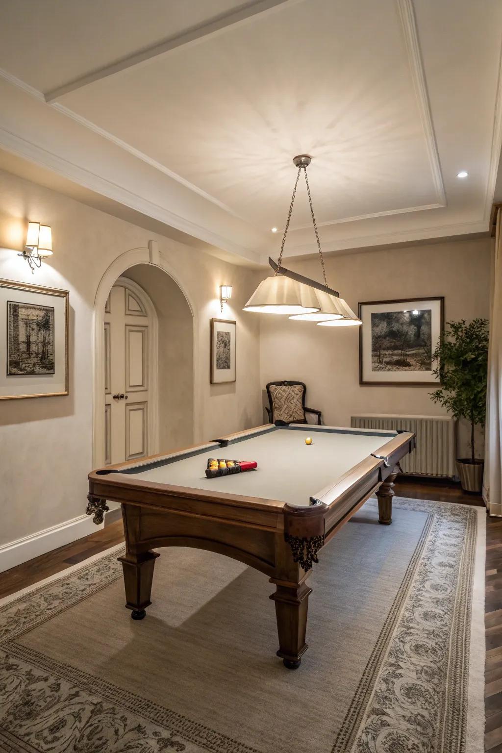 Neutral colors give a small pool table room a spacious and airy appearance.