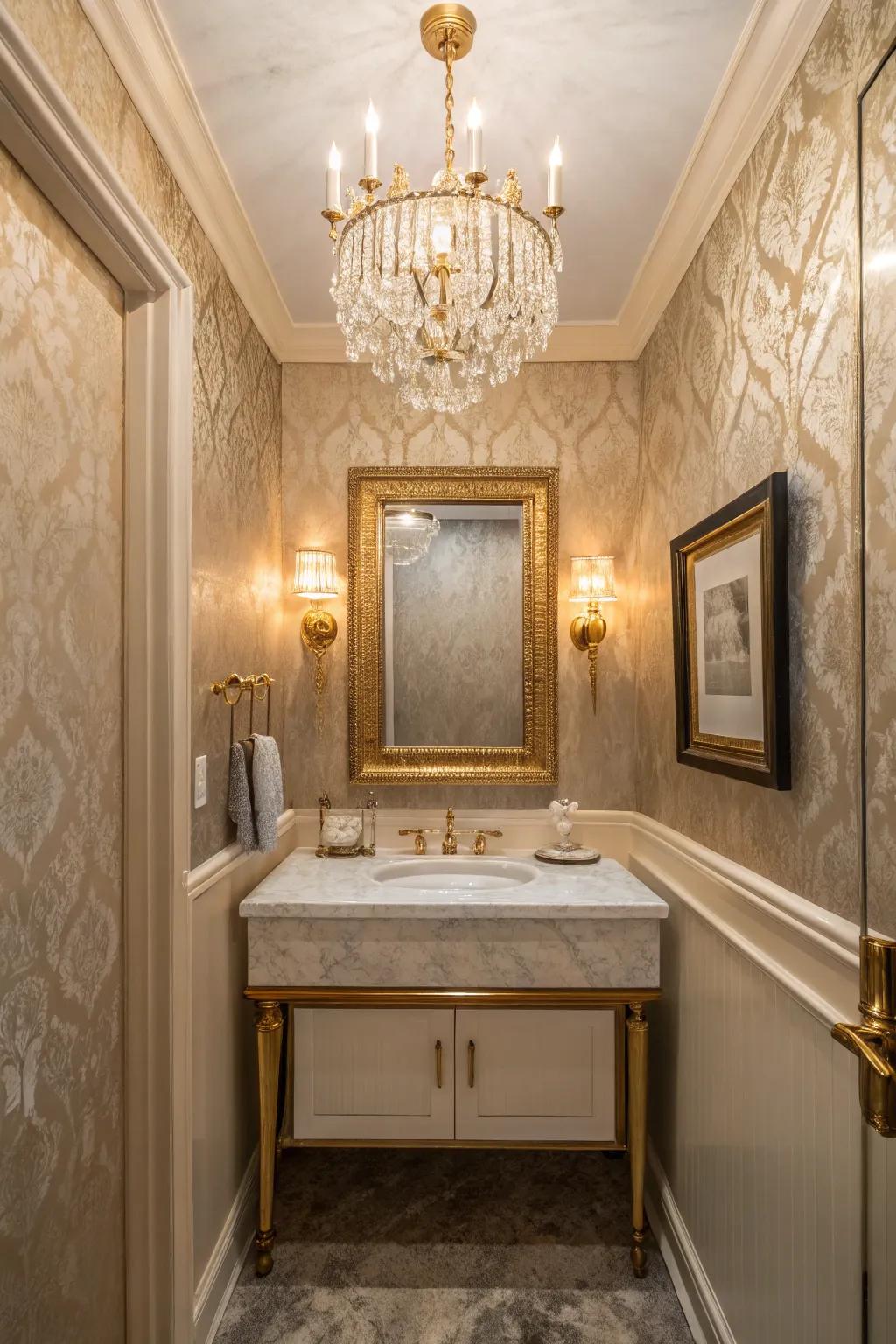 A hanging light appends a lavish touch to even the tiniest powder room.