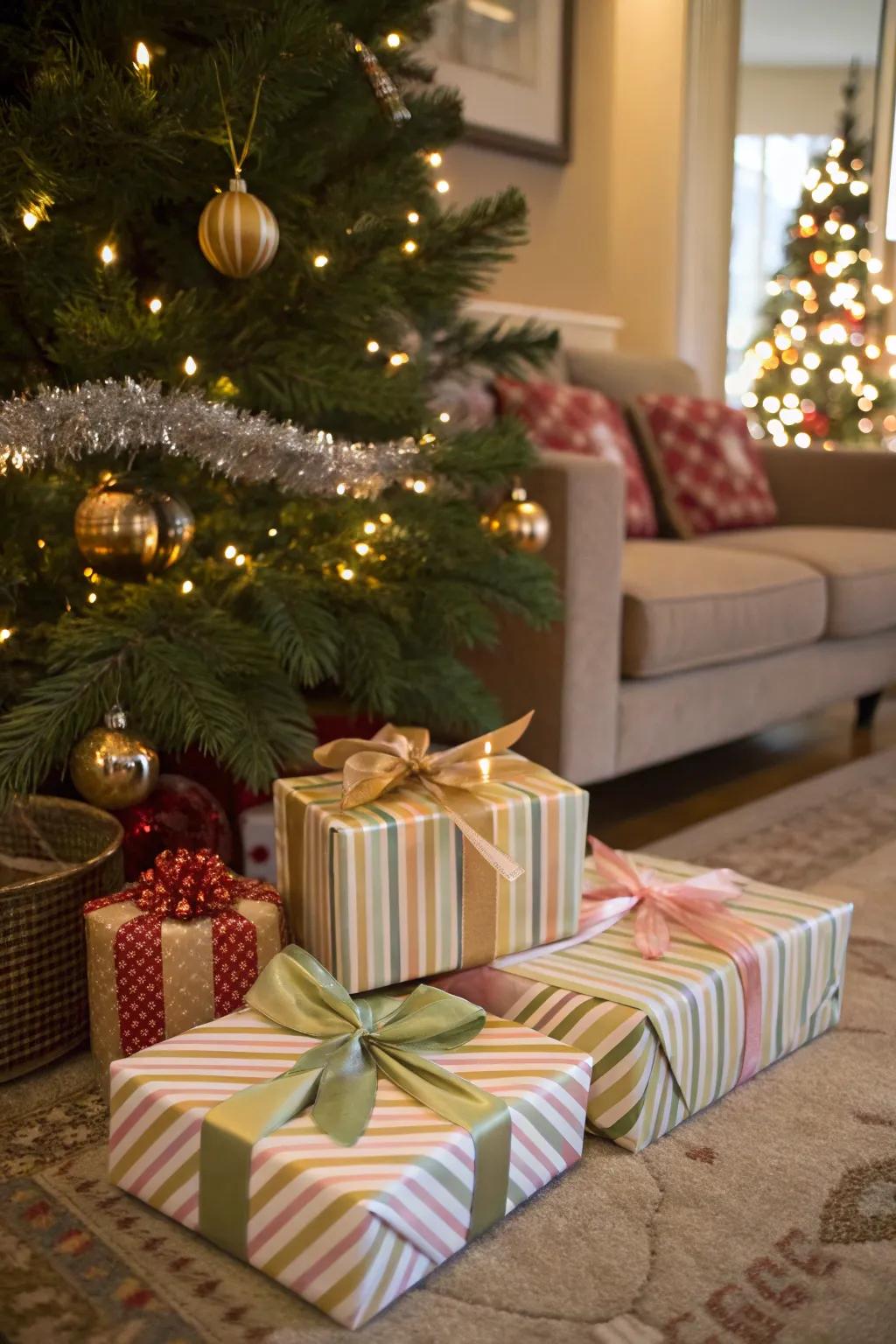 Stylishly wrapped presents add another layer of excitement beneath the tree.