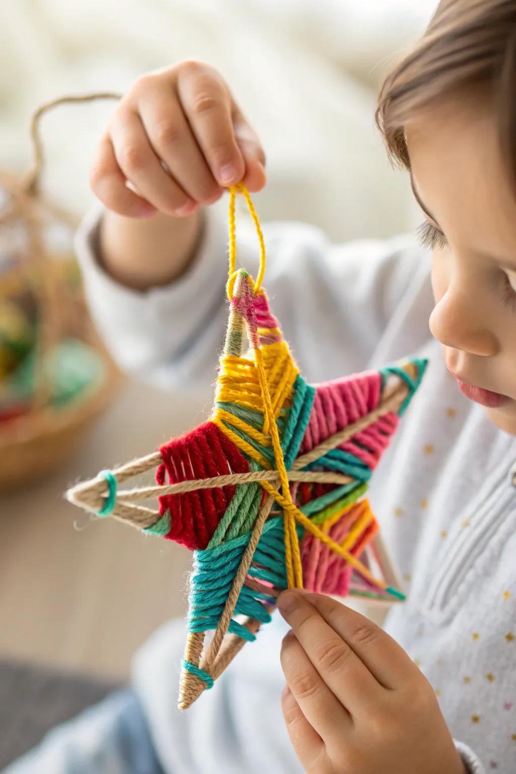 A delightful yarn star ornament, adding a handmade touch to holiday festivities.