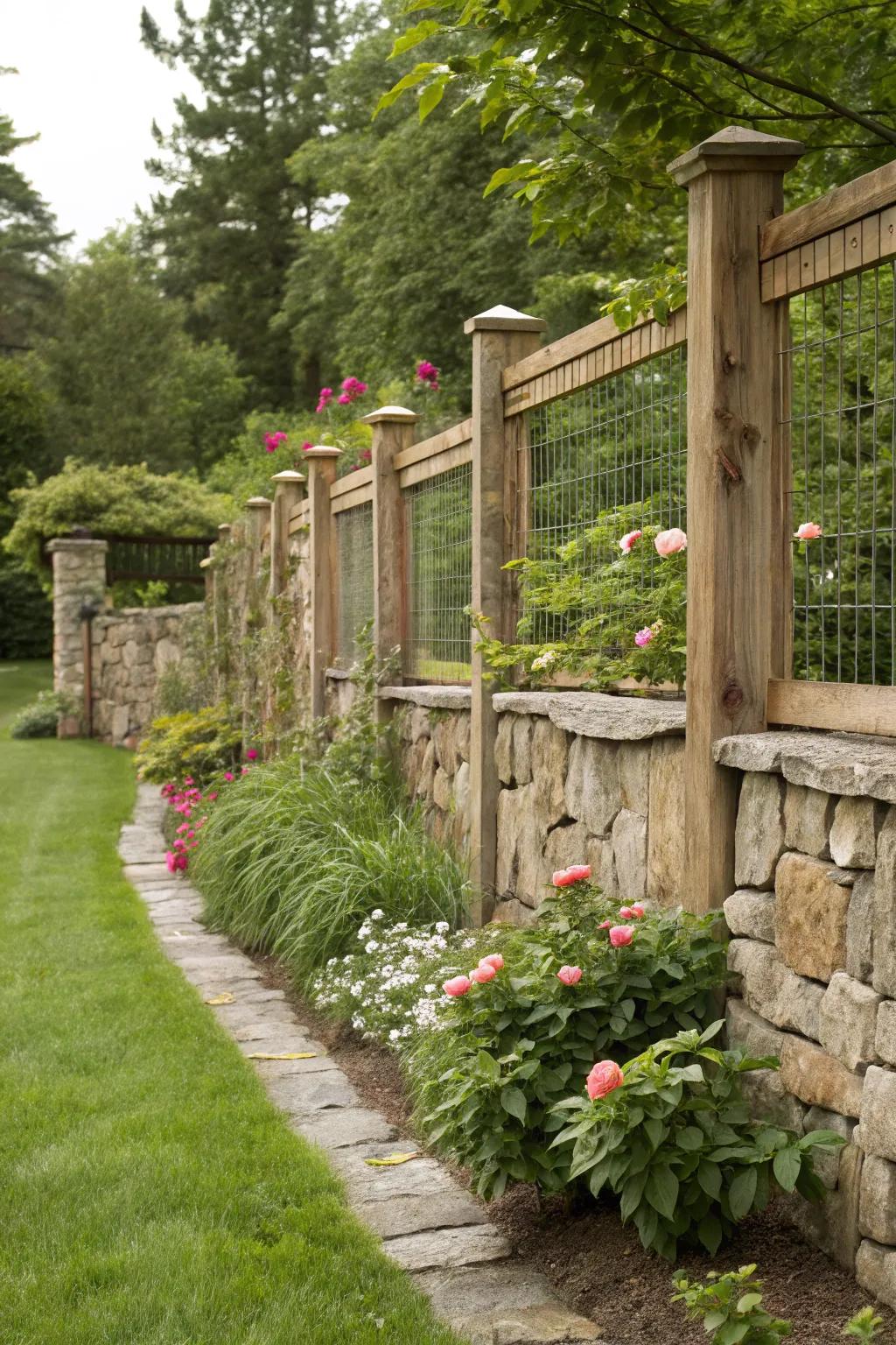Stone and timber together create a sturdy and charming barrier.