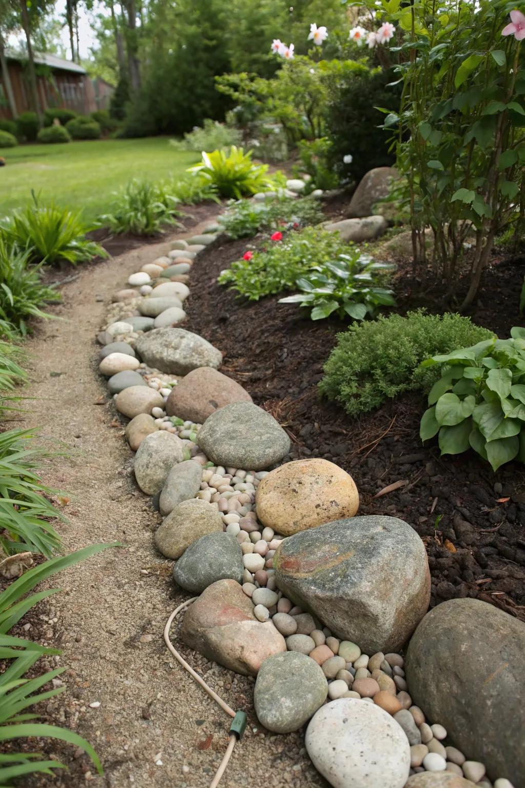 Inventive stone and boulder property boundary.