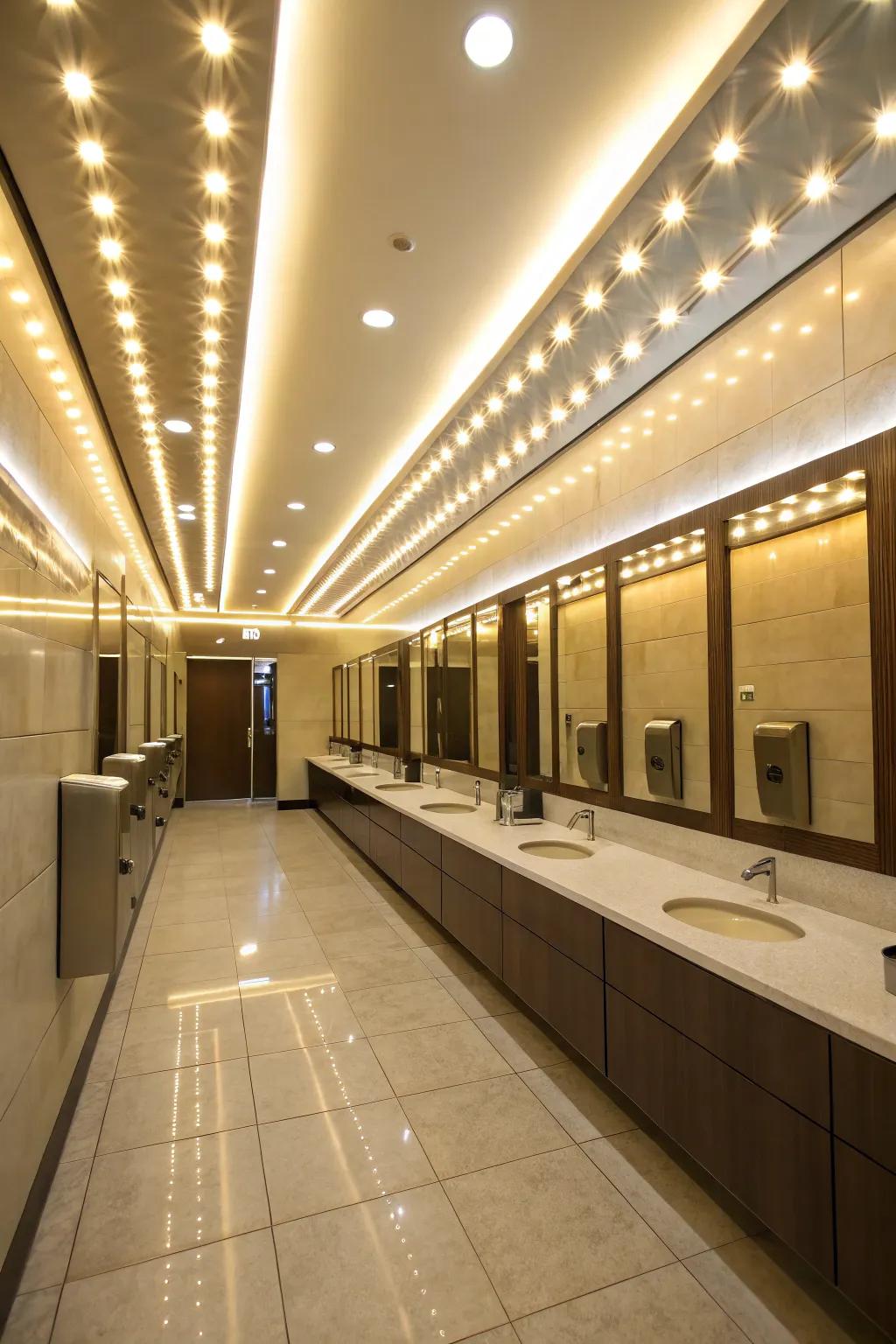 Thoughtfully arranged illumination in a communal restroom elevates both the atmosphere and functionality.