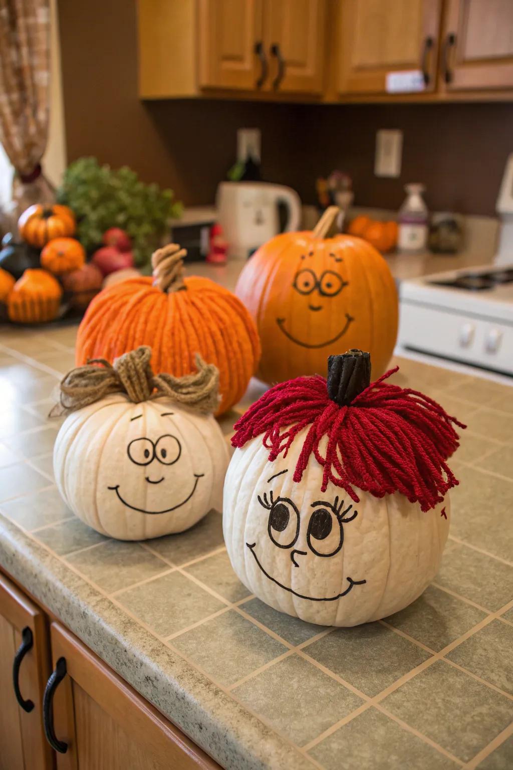 Mini pumpkins shaped into a delightful family of characters.