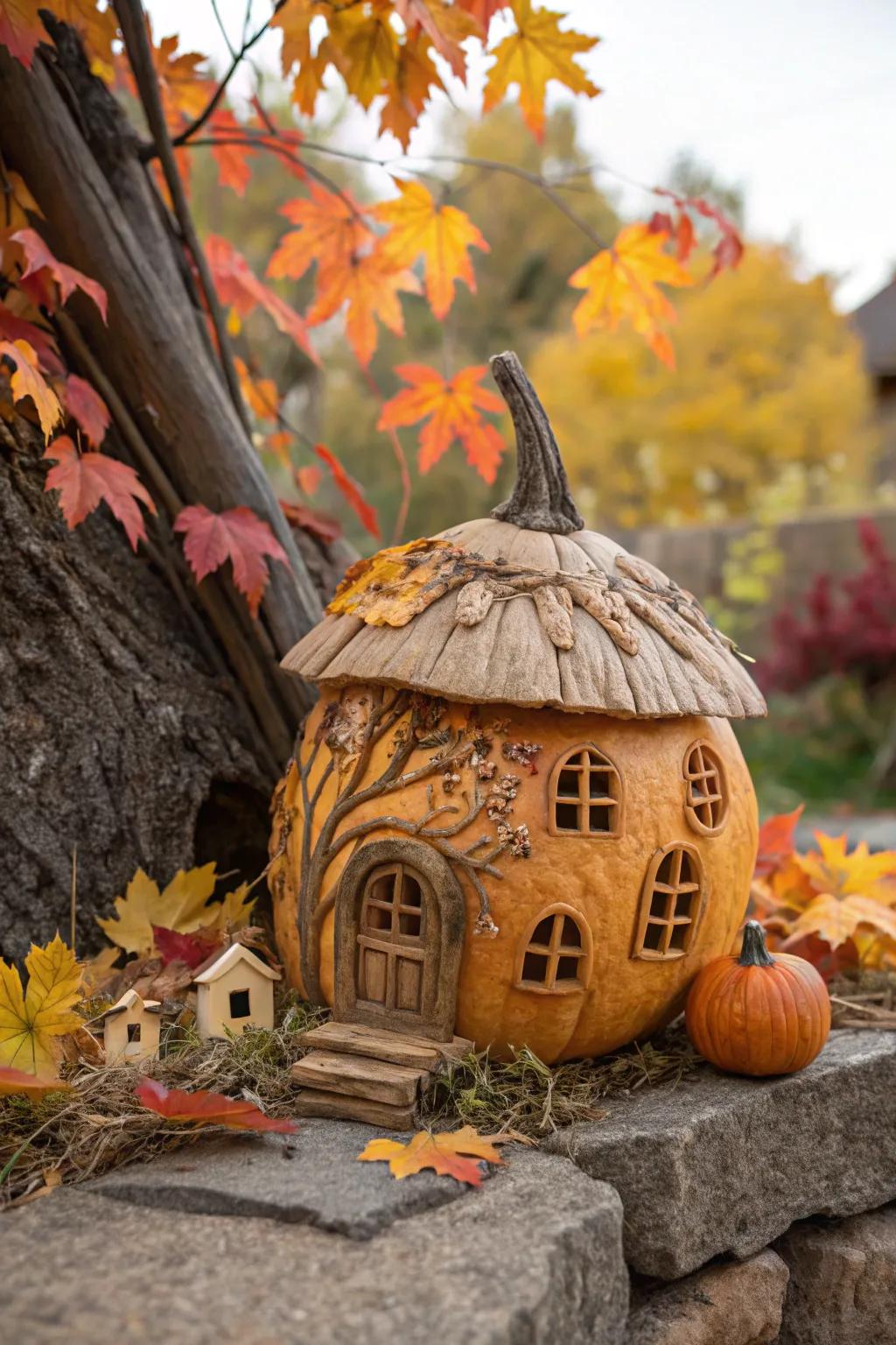 A delightful pocket-sized pumpkin abode, perfect for fairy-tale themed decor.