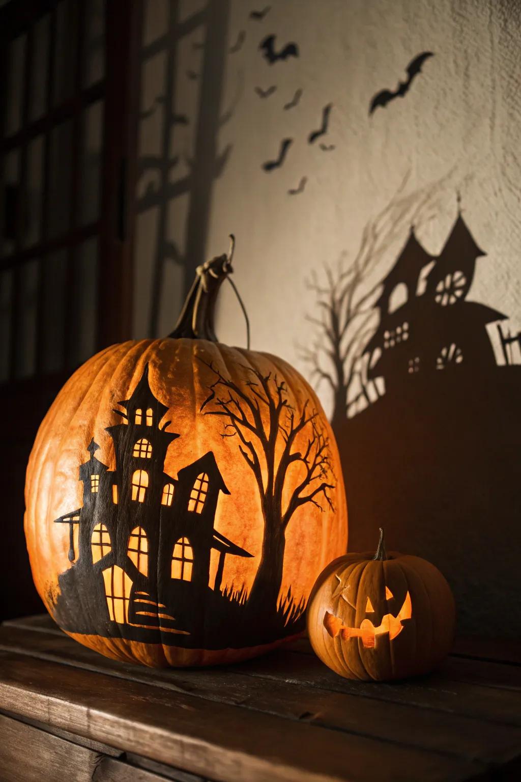 Eerie silhouette pumpkin projecting spooky shadows.