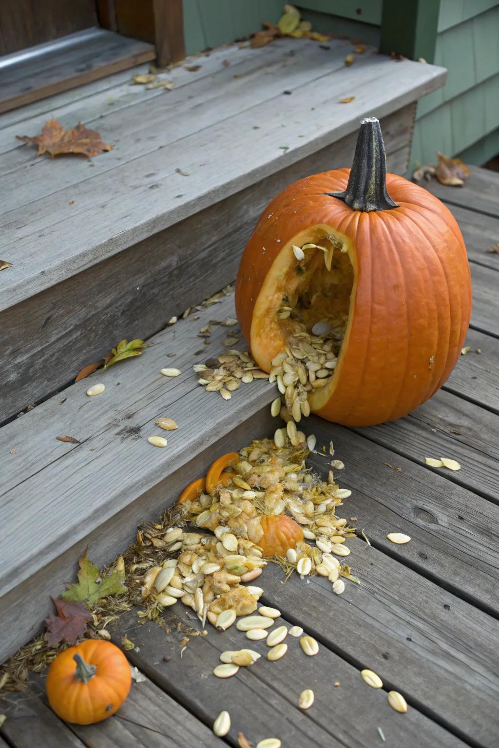 A humorous puking pumpkin with cleverly arranged seeds.