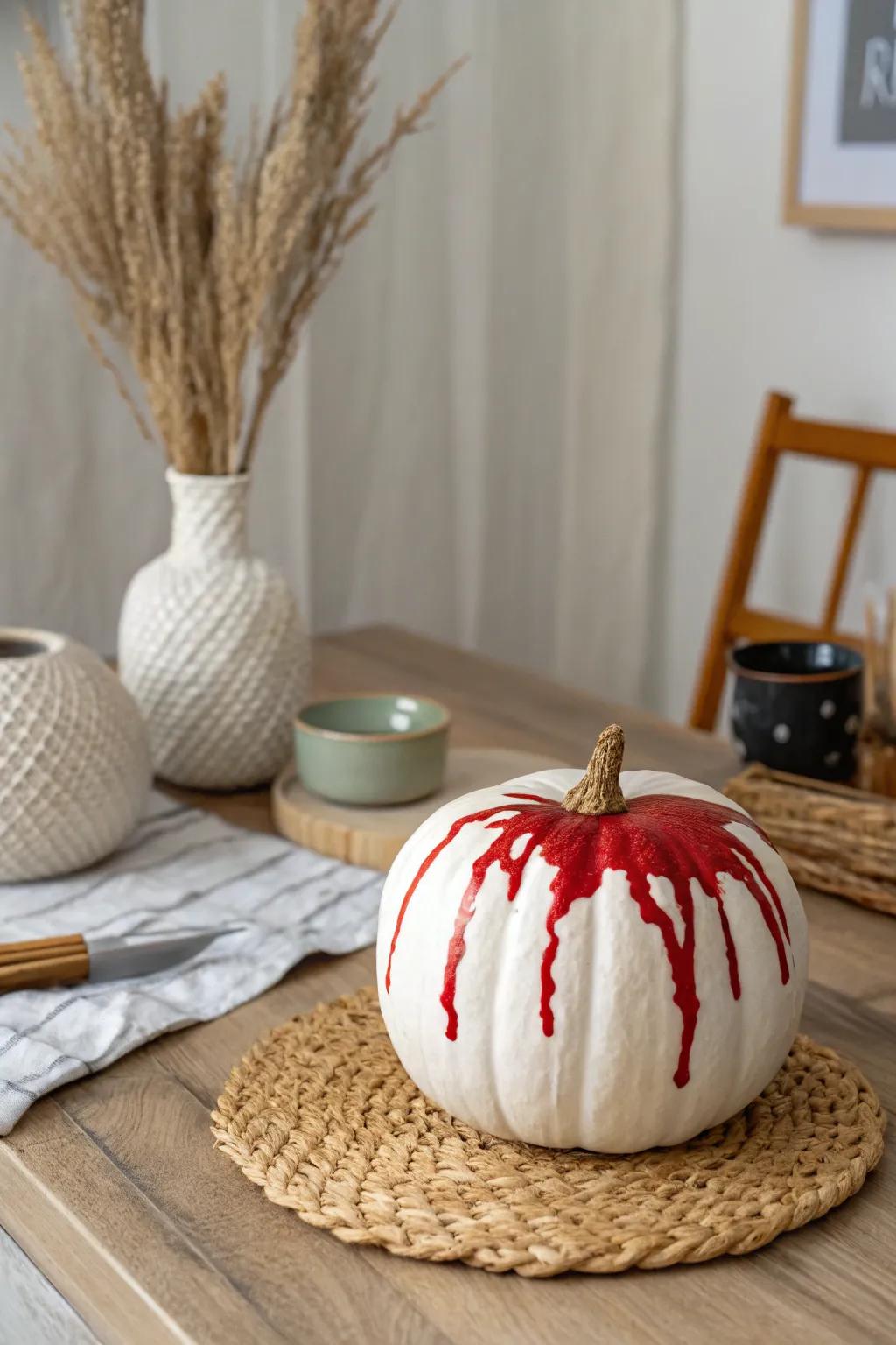 Morph your pumpkin into a spooky spectacle with this simple yet impactful crimson trickle design.