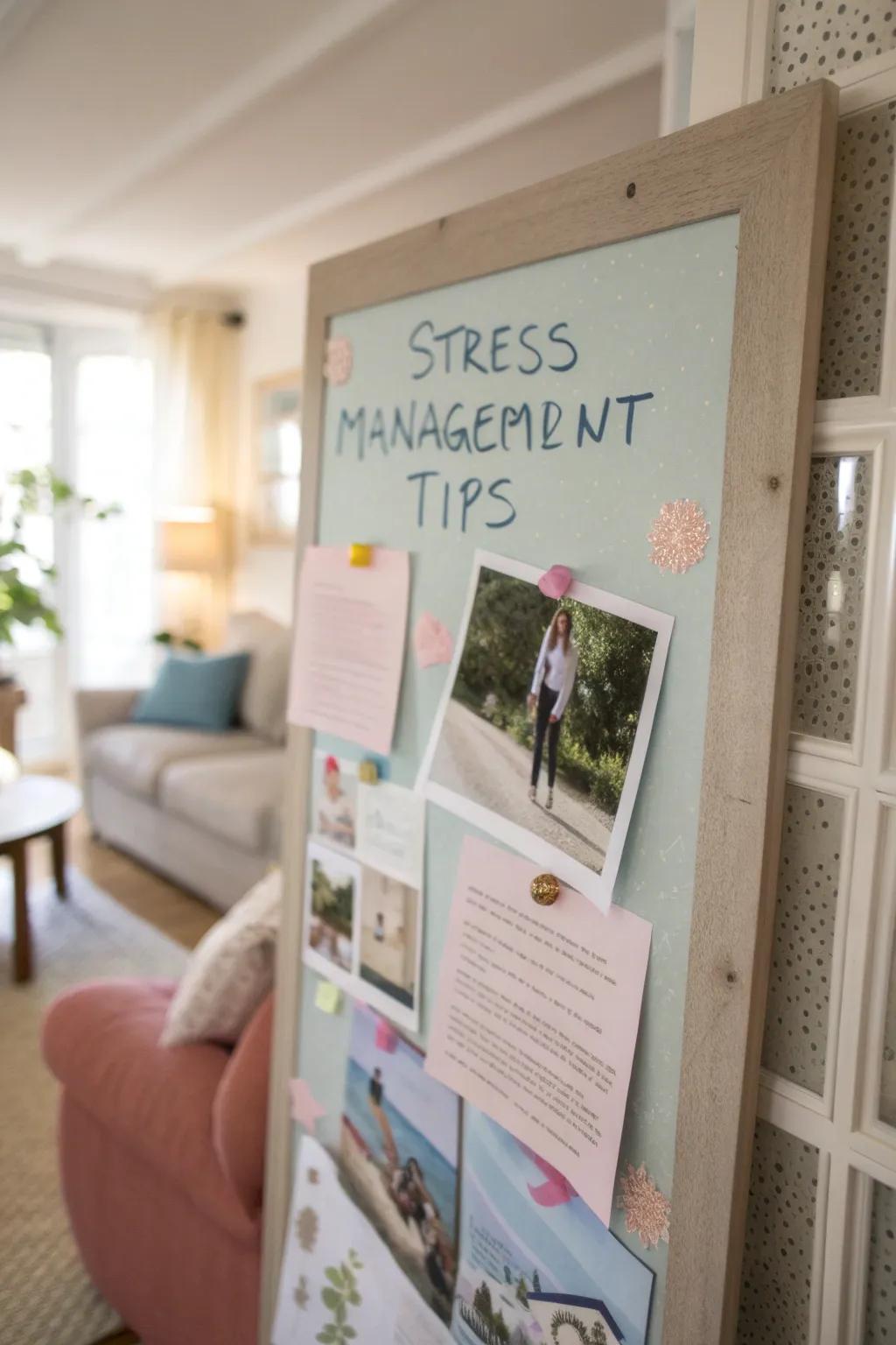 A relaxing board that offers practical tips for managing stress.
