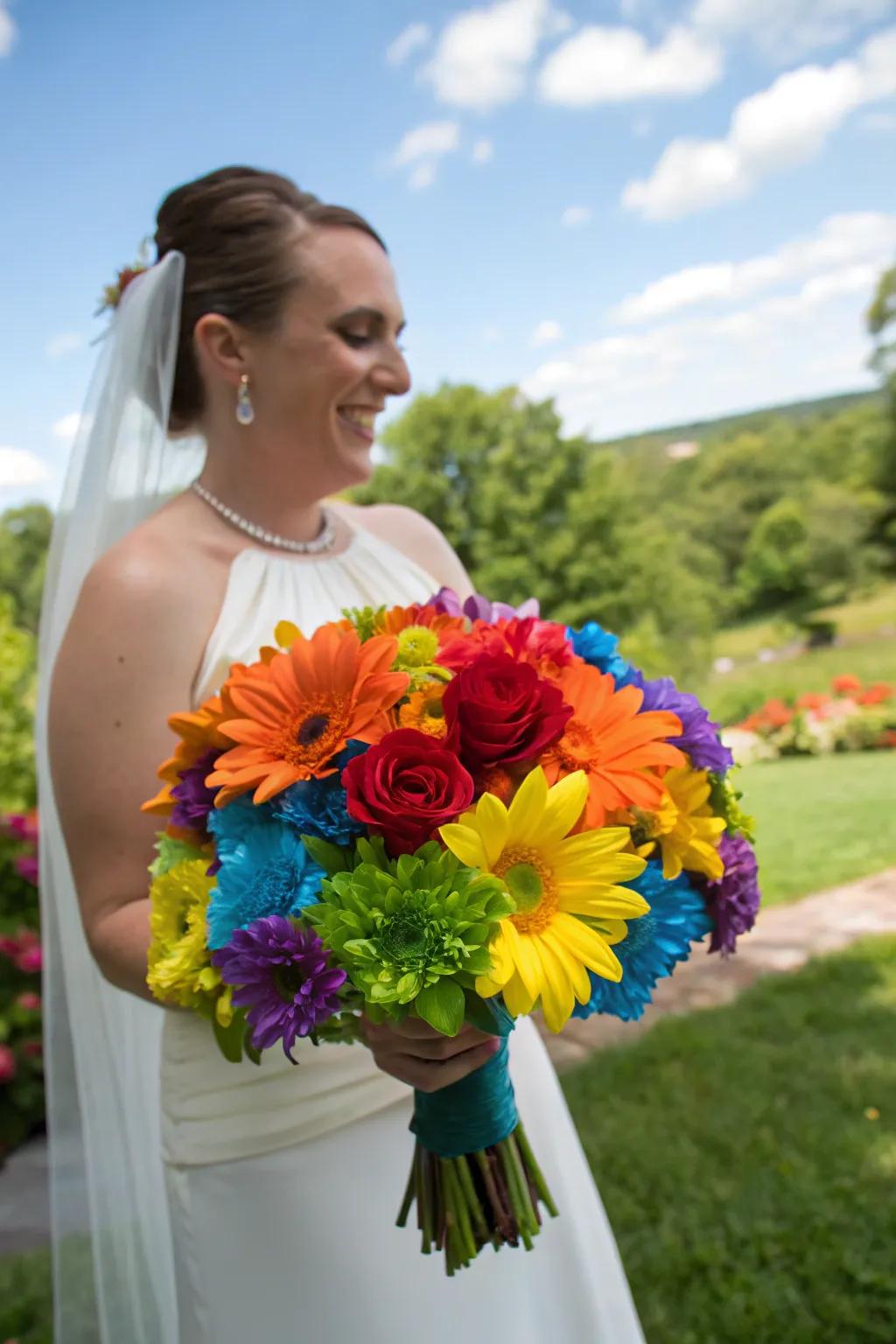 A bride showcasing a stunning prismatic-hued bloom arrangement.