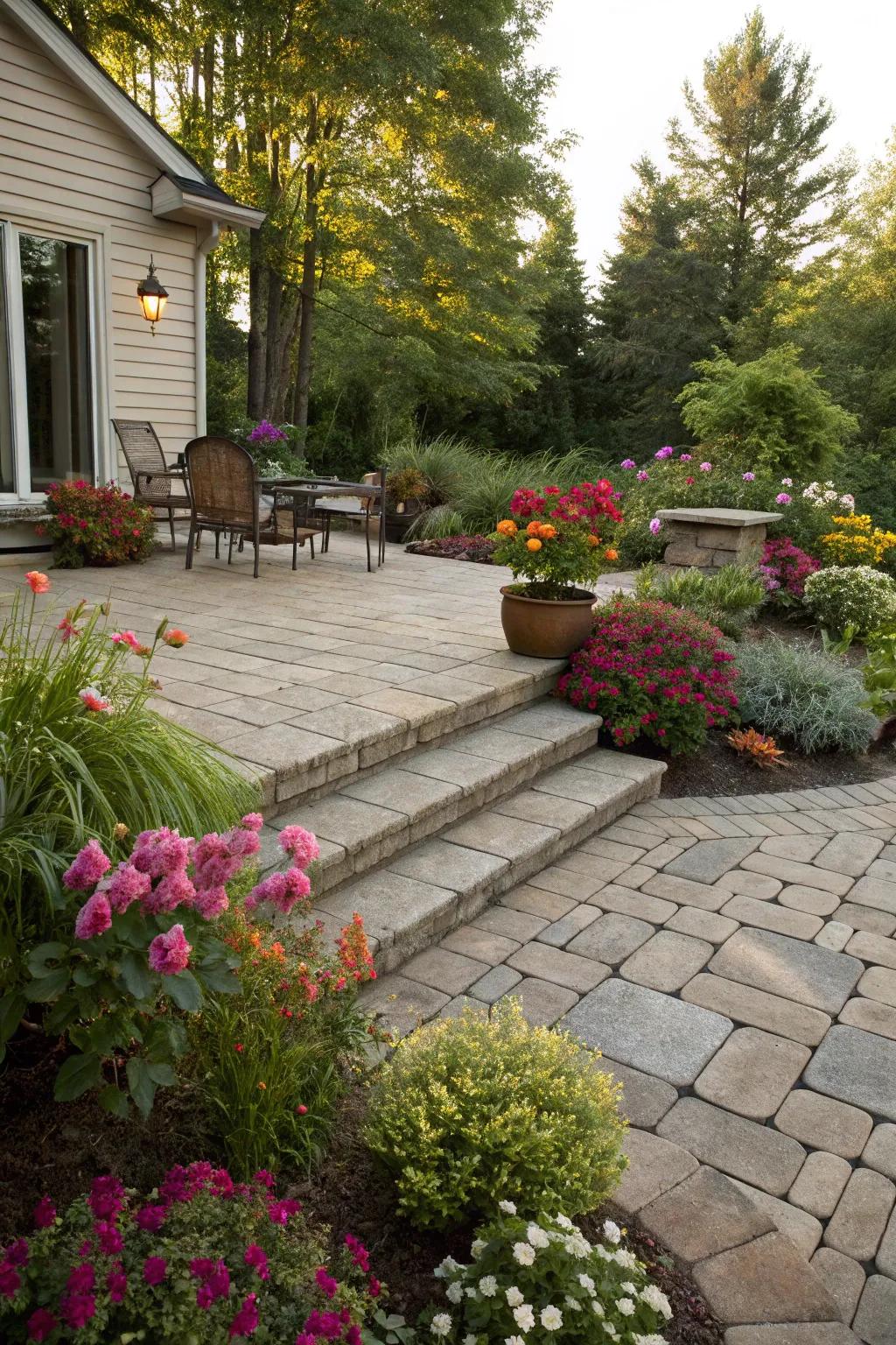 Greenery surrounding the patio adds a natural, tranquil touch.