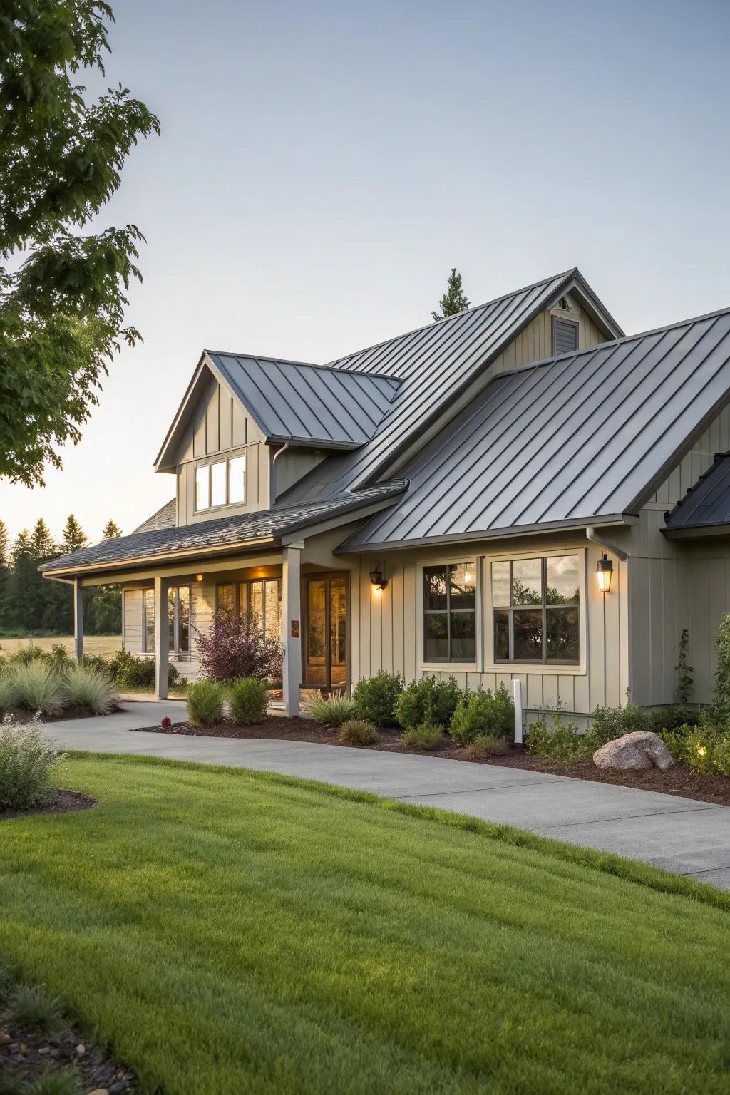 A contemporary metal roof incorporates sleekness and enhanced durability.