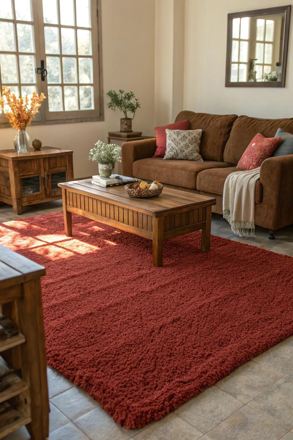 Textured scarlet floor rugs add warmth and comfort to a living space.