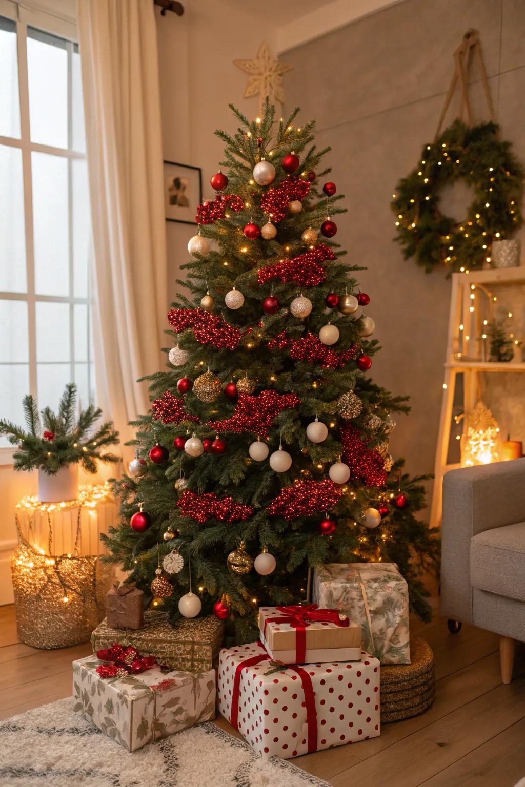 Scarlet berry sprigs add a natural touch to the festive tree.