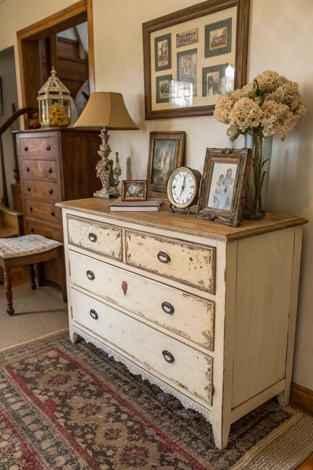 A distressed look injects timeless appeal into any dresser.