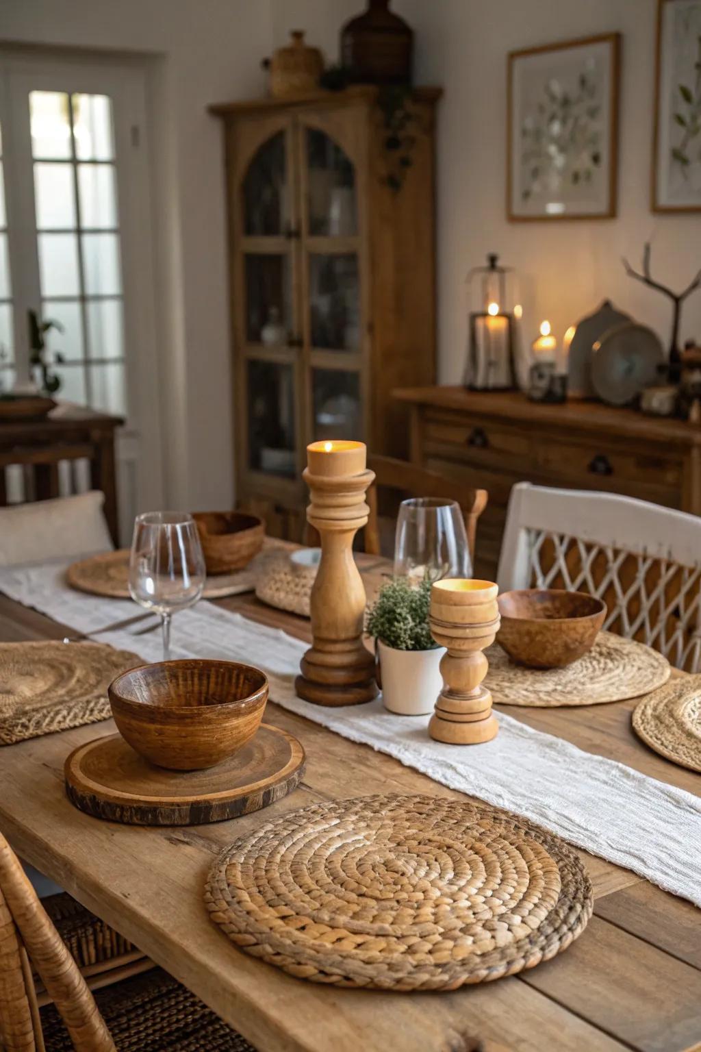 Wood products and woven placemats include rustic appeal.
