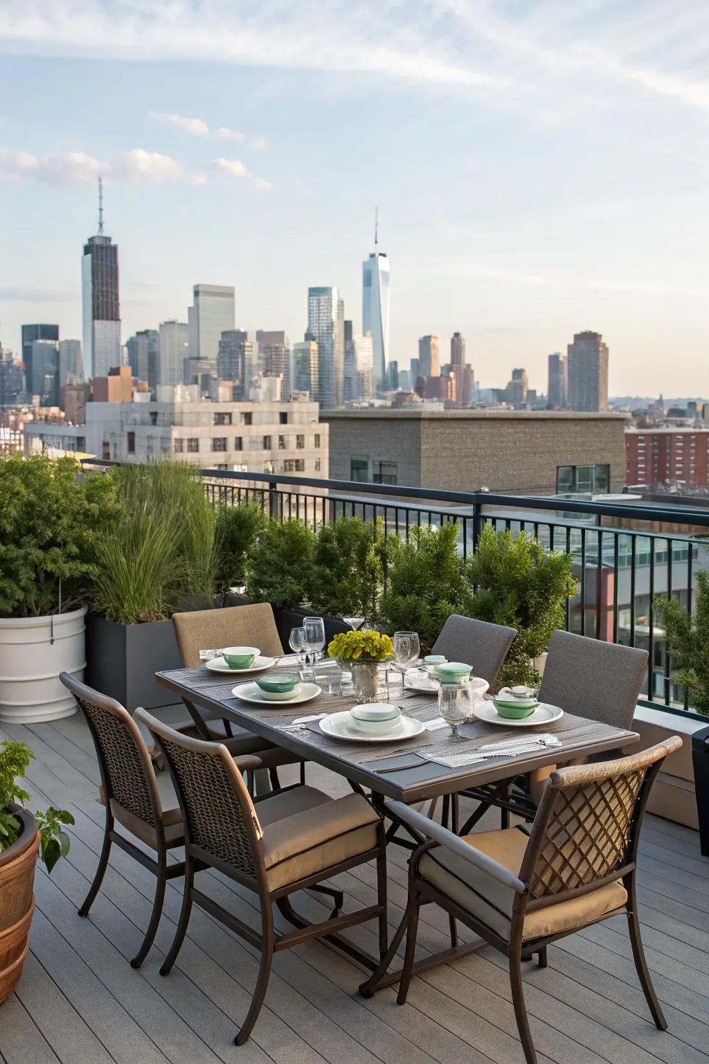 Produce a dining spot atop your rooftop to relish meals and impressive views.