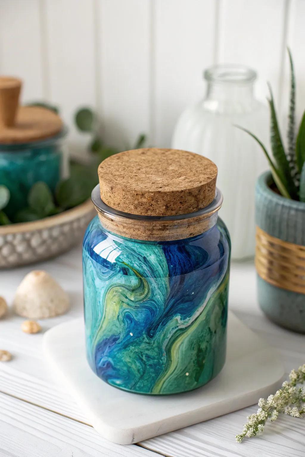 Embrace organic refinement with this stunning cork-topped resin bottle, where vibrant hues encounter countryside allure.