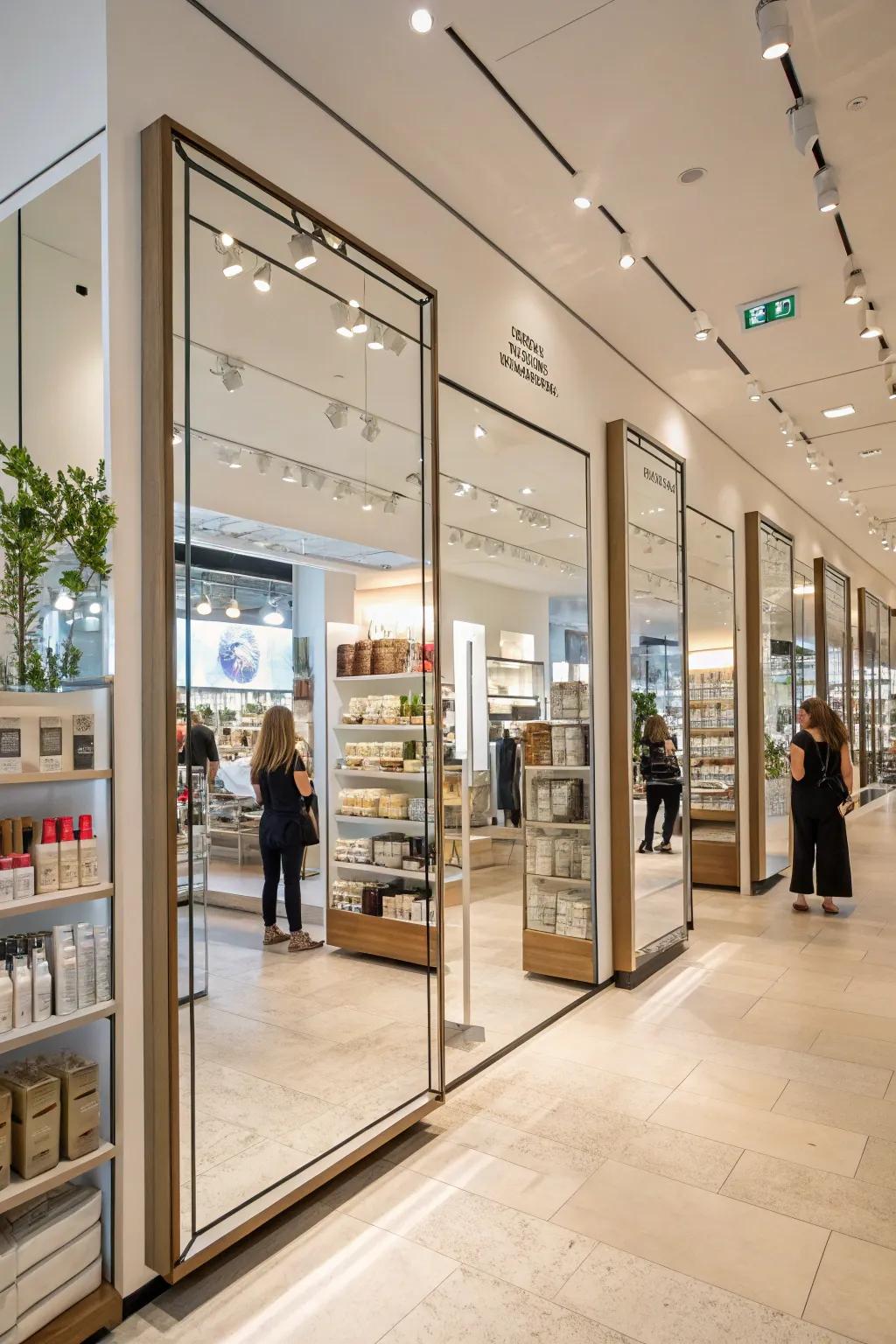Strategically placed mirrors can make a compact store feel expansive.