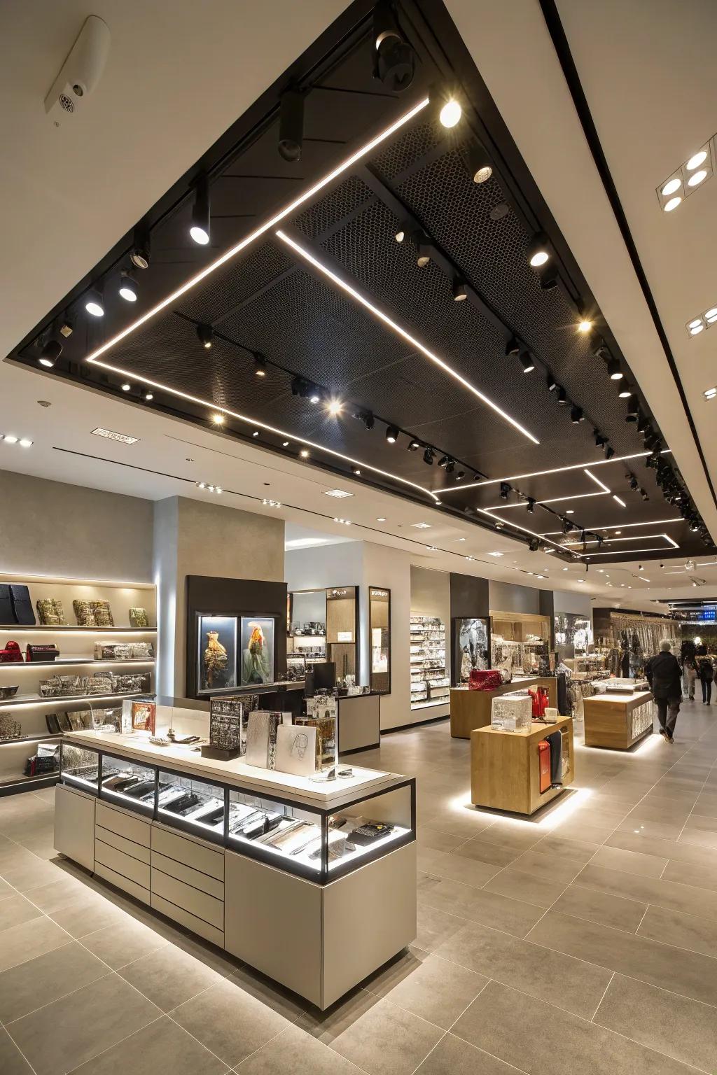 Built-in illumination enhancing the store's design elements.